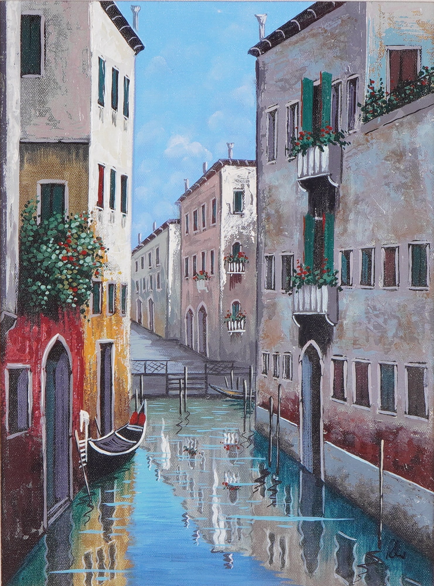 Venetian Canal Scene, Unsigned Oil on Canvas: This charming oil on canvas depicts a tranquil Venetian canal framed by pastel-toned historic architecture. The composition captures the romantic atmosphere of Venice, with a traditional gondola moore