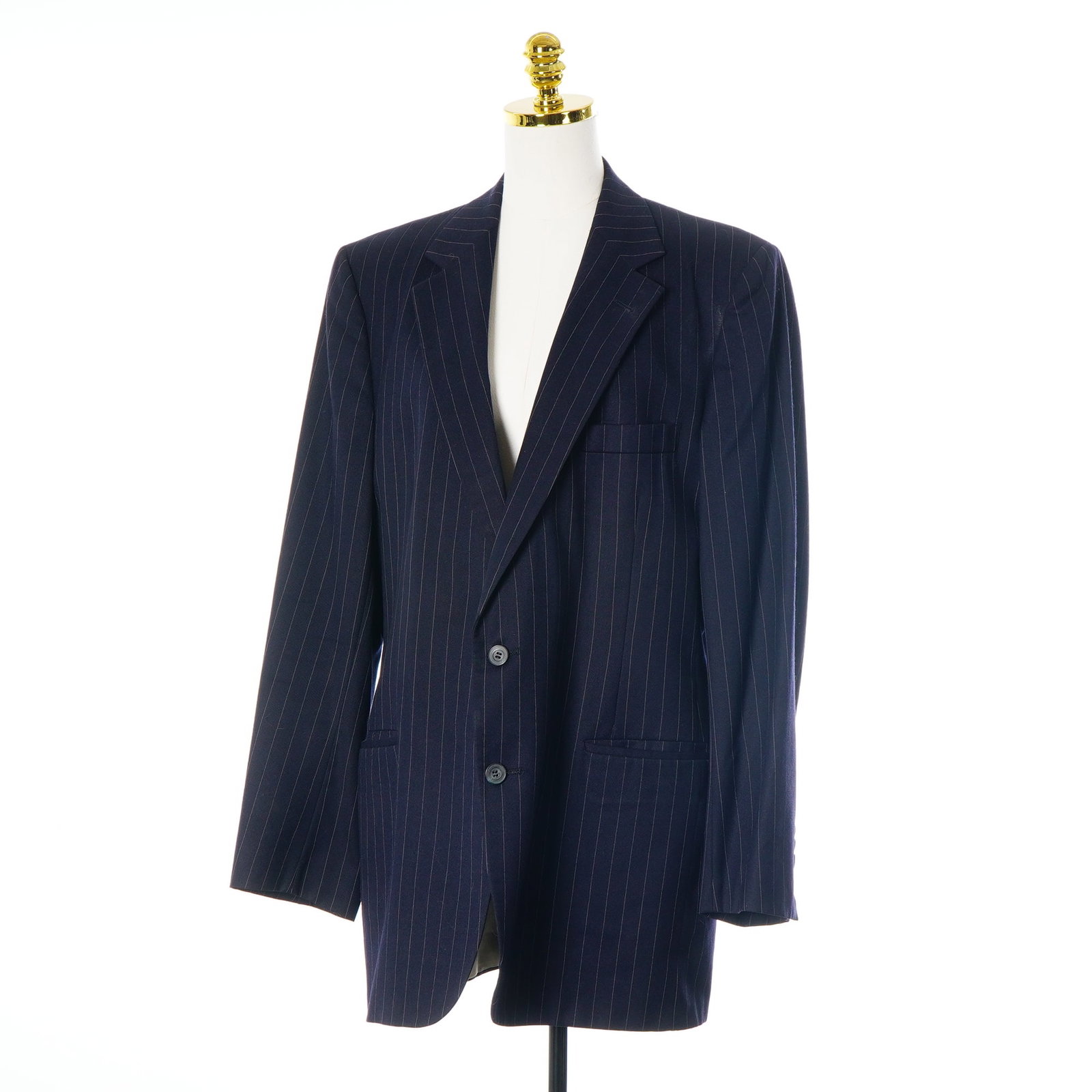 Aquascutum London for Barneys New York Men's Navy Pinstripe Wool Blazer Jacket: This men's single-breasted blazer jacket is a collaboration between Aquascutum London and Barneys New York. The garment is constructed from a navy blue wool fabric featuring thin, light-colored vertic