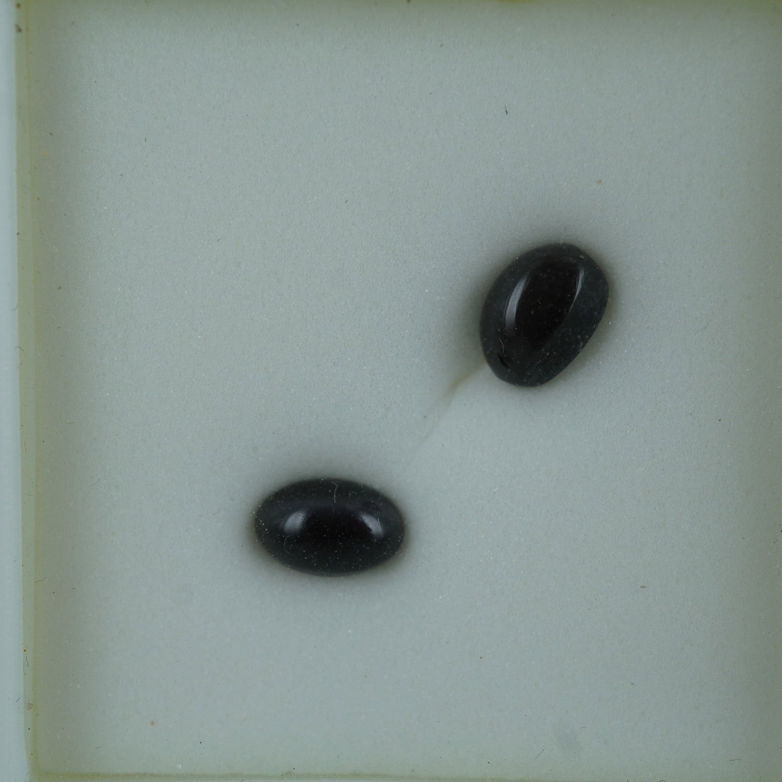 2pc Cat's Eye Sillimanite Oval Cut Gemstones, 0.75 CTW: Pair of oval cabochon-cut cat's eye sillimanite gemstones with a combined weight of approximately 0.75 carats. These stones exhibit the characteristic chatoyancy or 'cat's eye' effect, caused by align