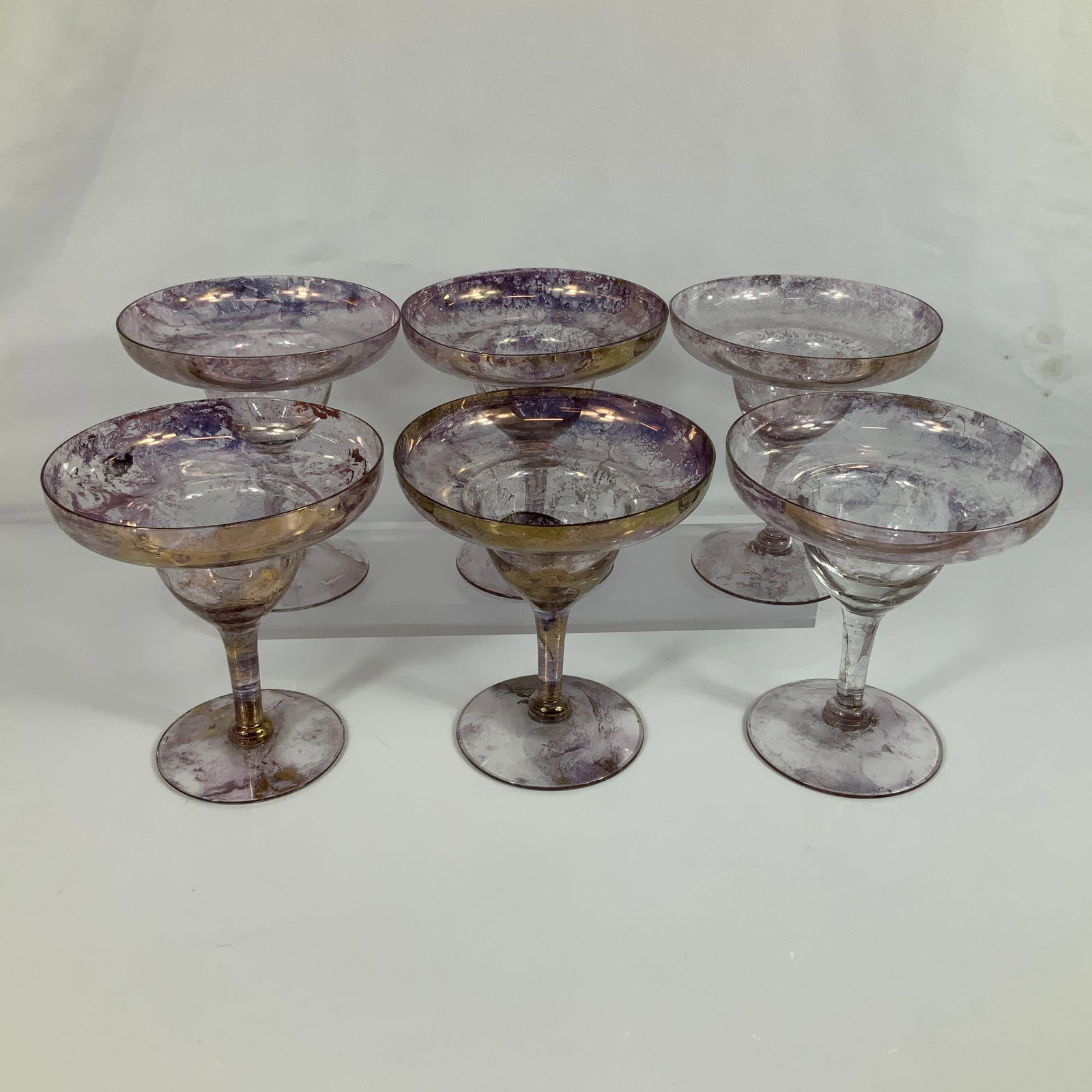 Set of Six Iridescent Marbled Purple Art Glass Margarita Glasses with Gold Toned Accents (1 of 3)