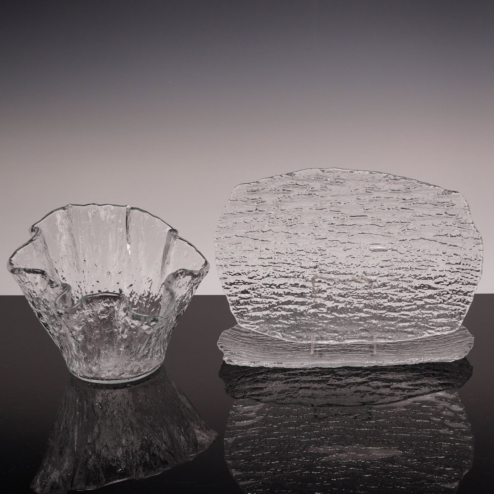 3pc Glass Platters and Bowl in Scandinavian Style Bark Glass (1 of 3)