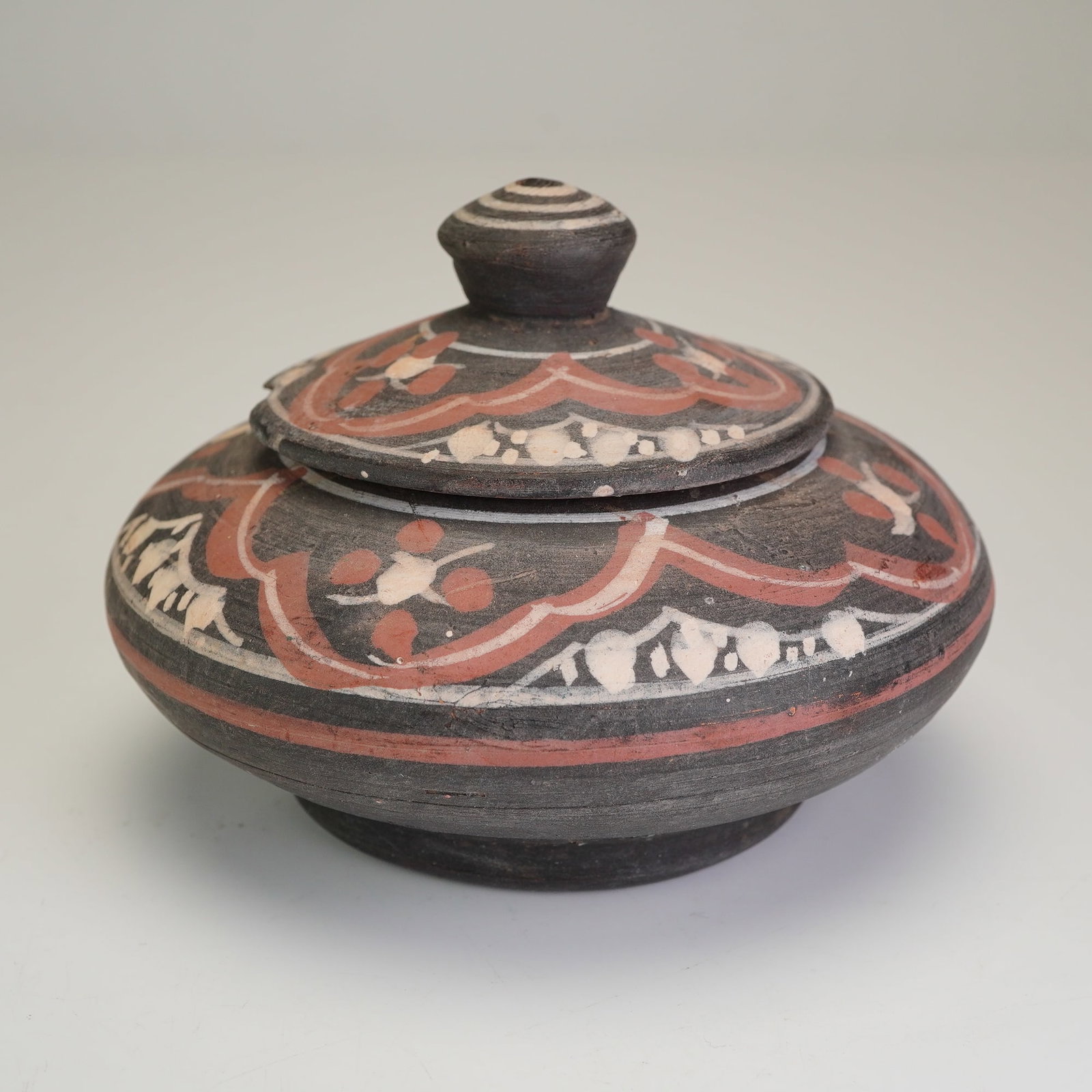 Moroccan Folk Art Stylized Geometric Lidded Jar (1 of 3)