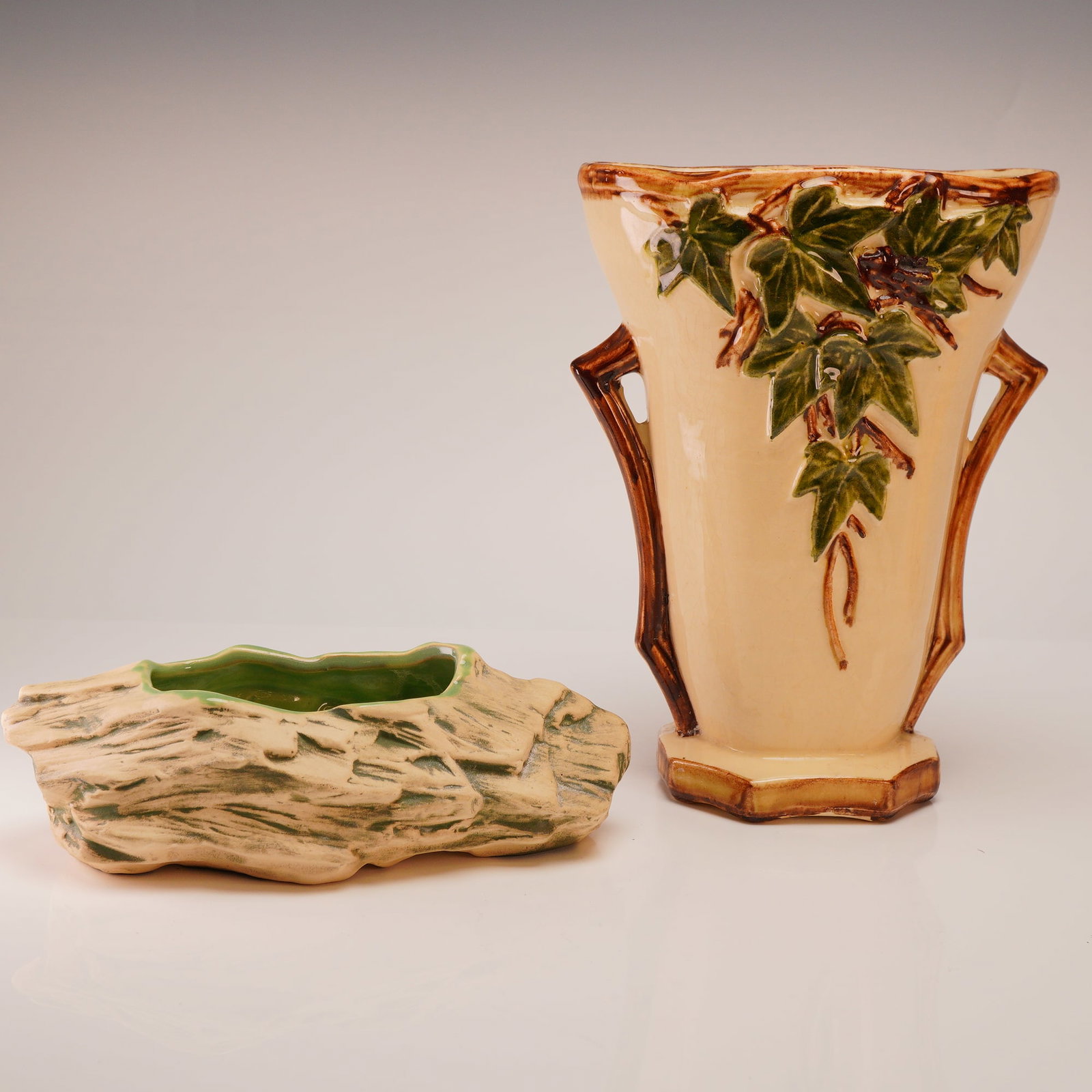 McCoy Art Pottery Ivy Pattern Double Handled Vase and Log Form Planter (1 of 4)