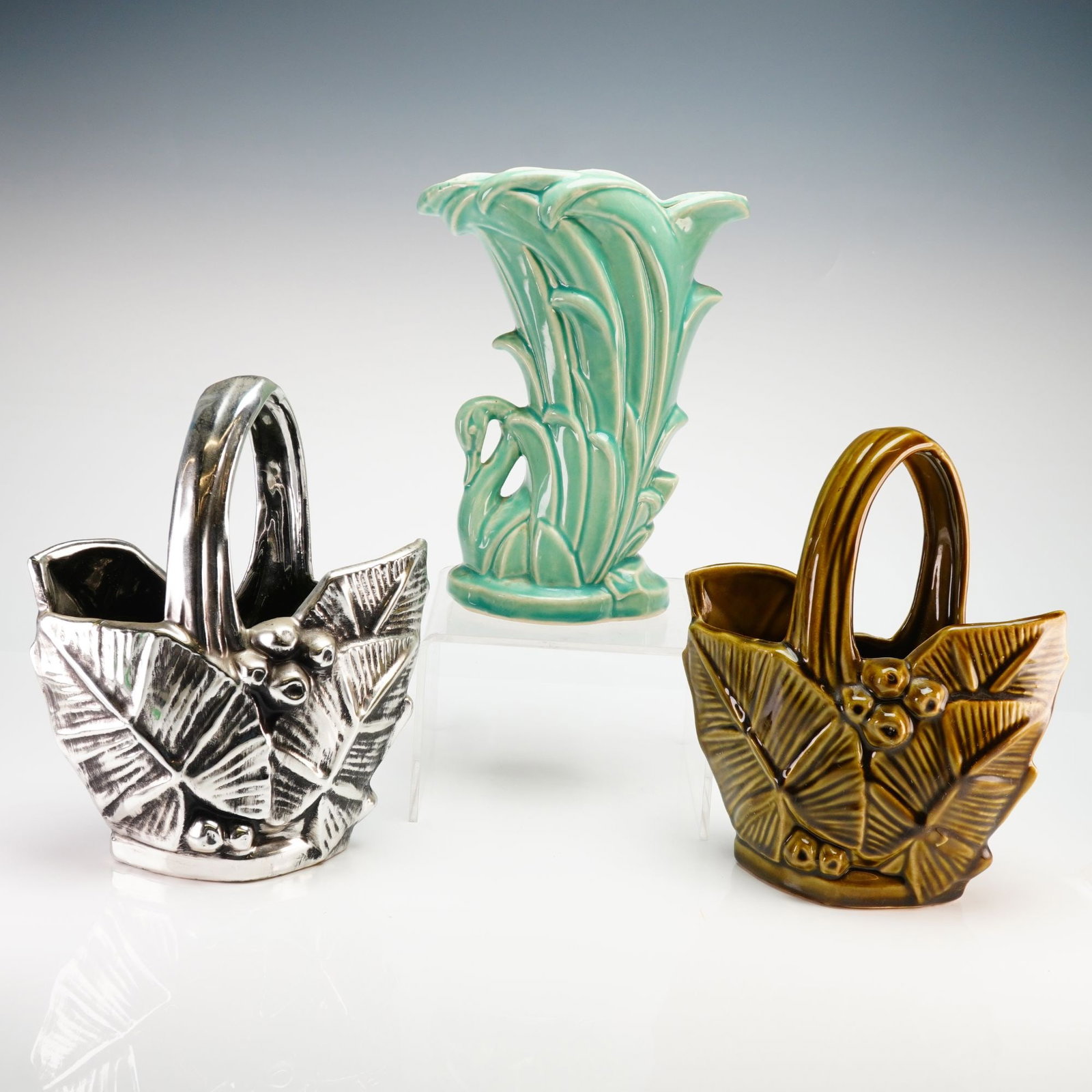 Three McCoy Pottery Berries and Leaves Basket Planters and Swan Vase (1 of 4)