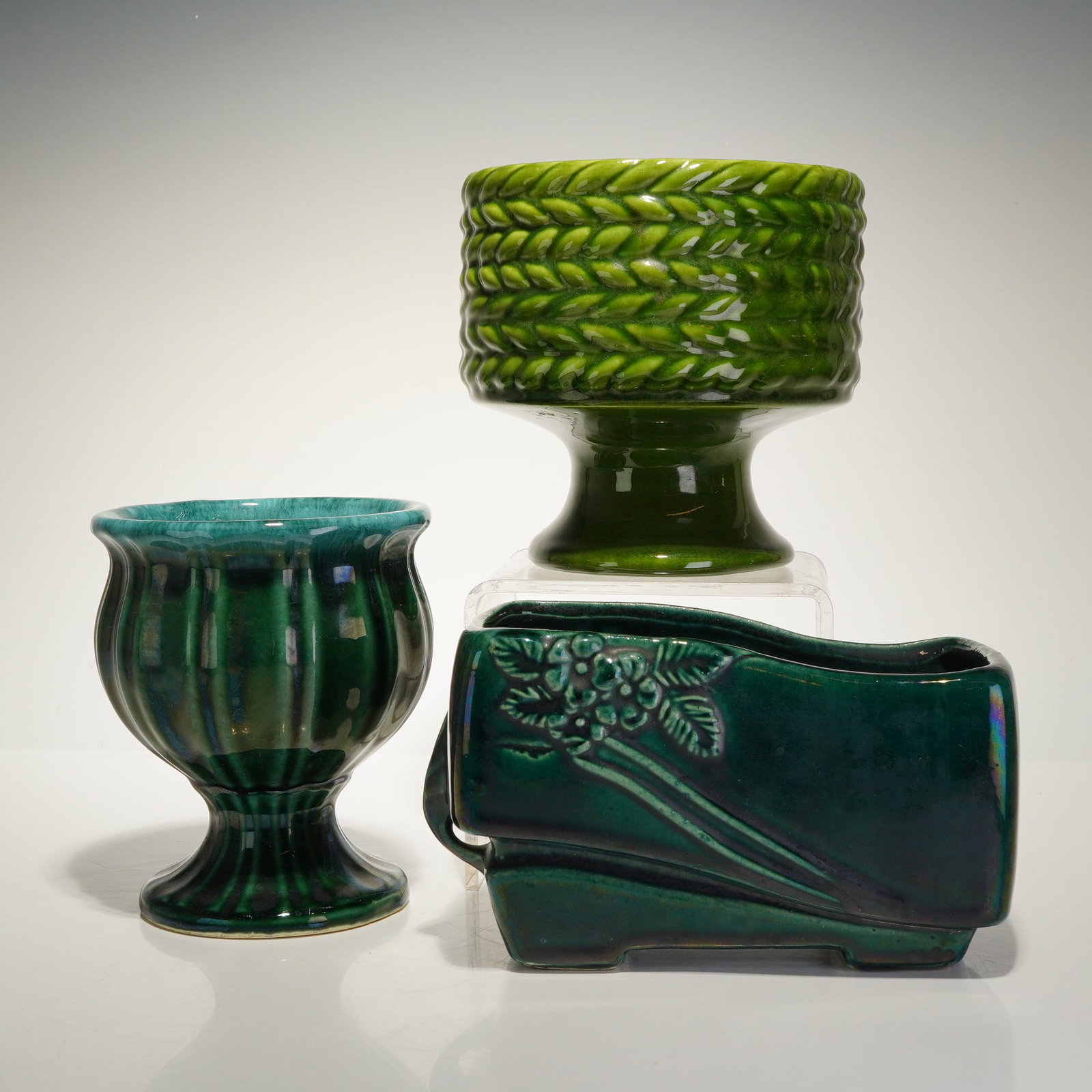 Three Hull and Haeger Green Glazed Planters in Various Sizes and Shapes (1 of 4)
