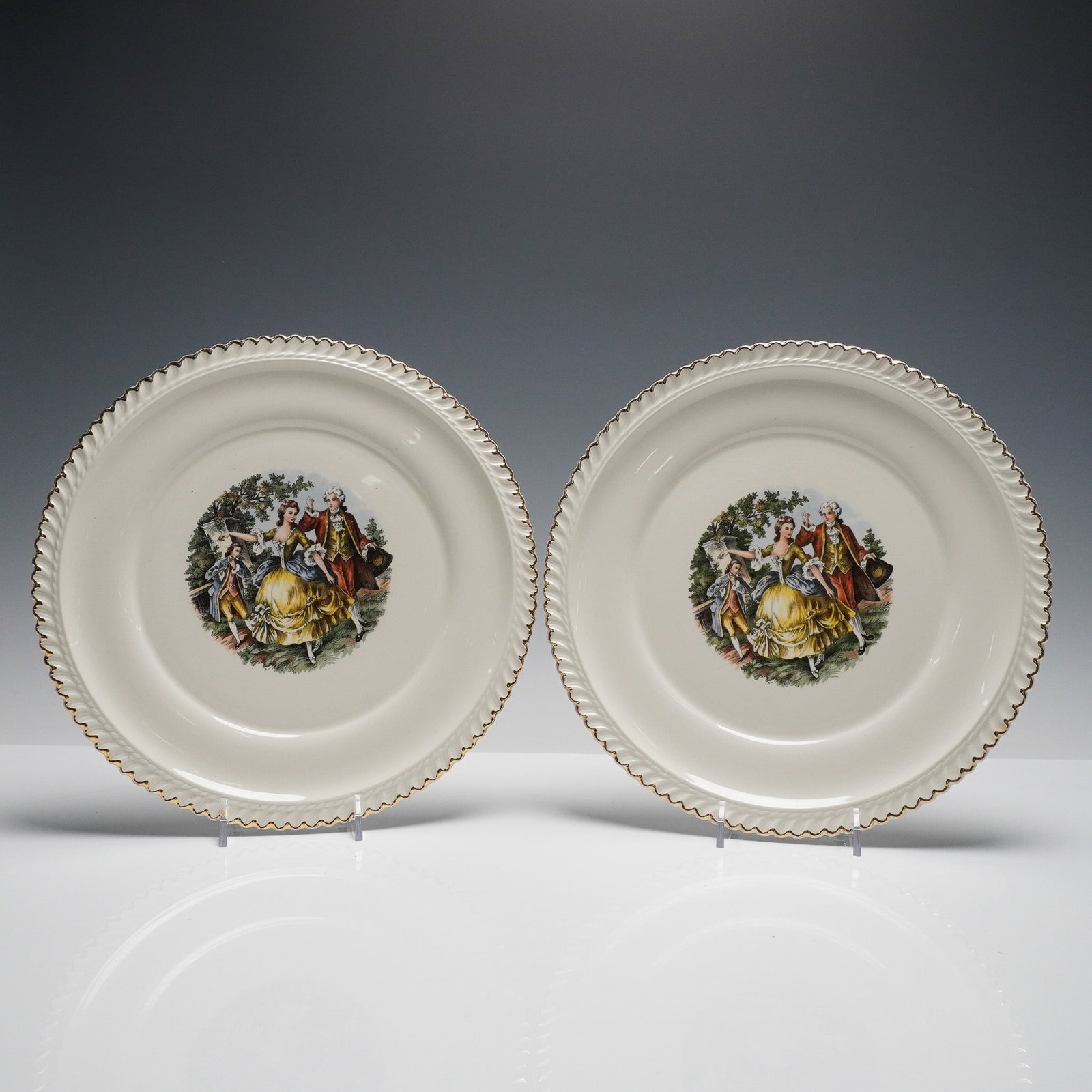 2pc The Hacker Pottery Plates, 22KT Gold Rim Courting Scene (1 of 3)