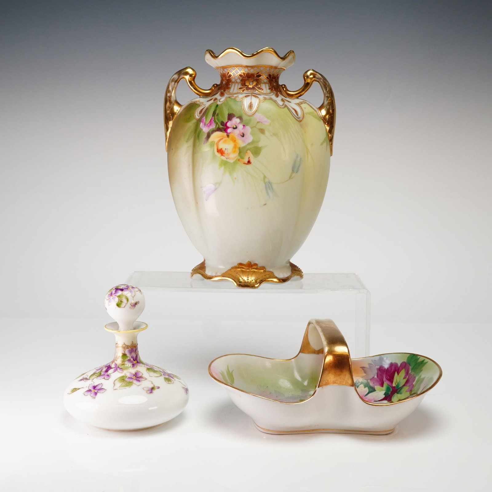 Three Noritake Nippon Hand Painted Porcelain Vase Basket Scent Bottle (1 of 3)
