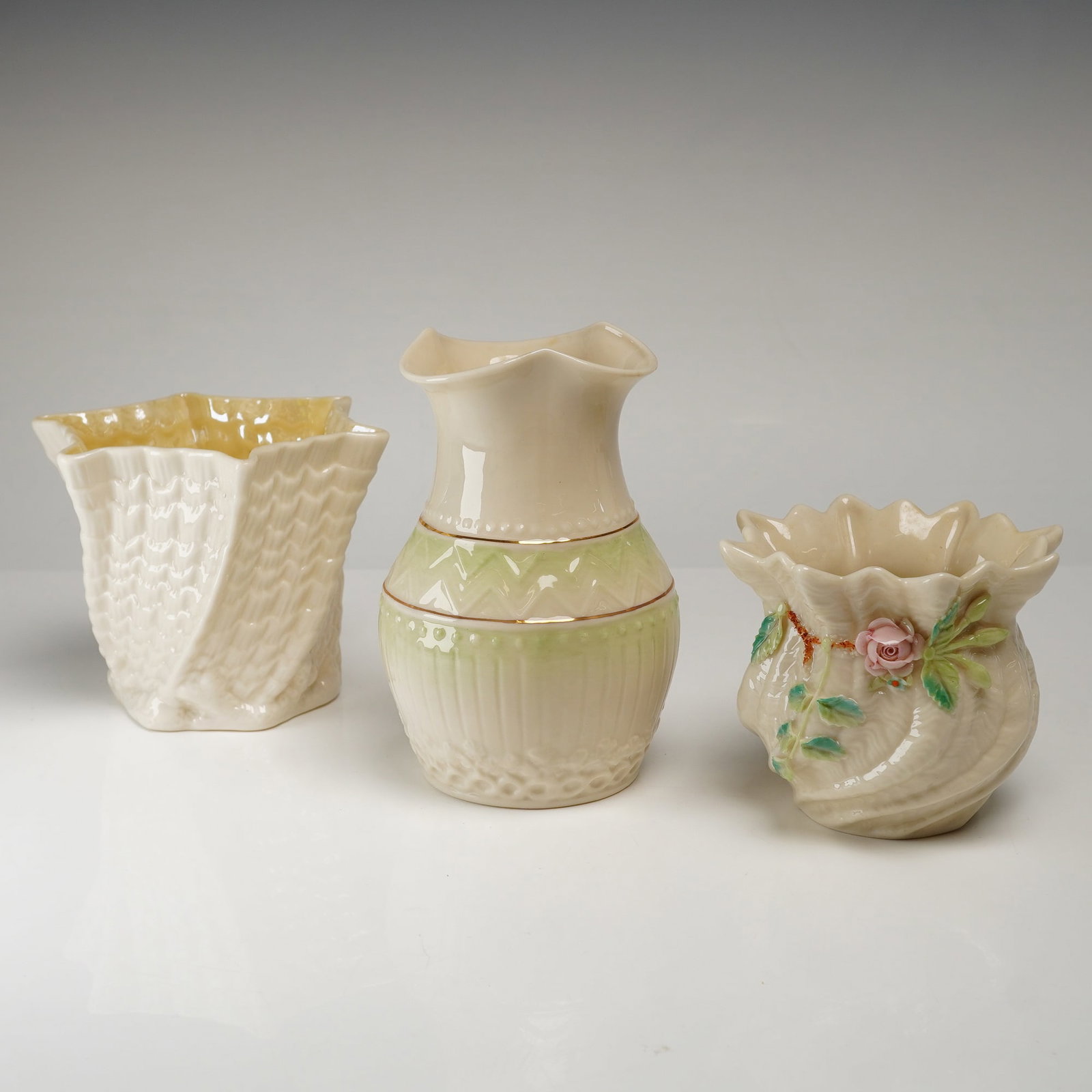 3pc Belleek Pottery Basketweave and Neptune Parian Porcelain Vases (1 of 3)