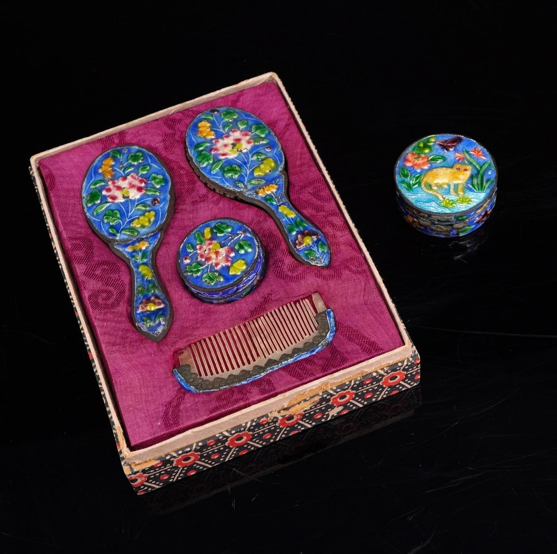 5pc Chinese Metal and Enamel Children's Vanity Set and Mini Treasure Box (1 of 5)