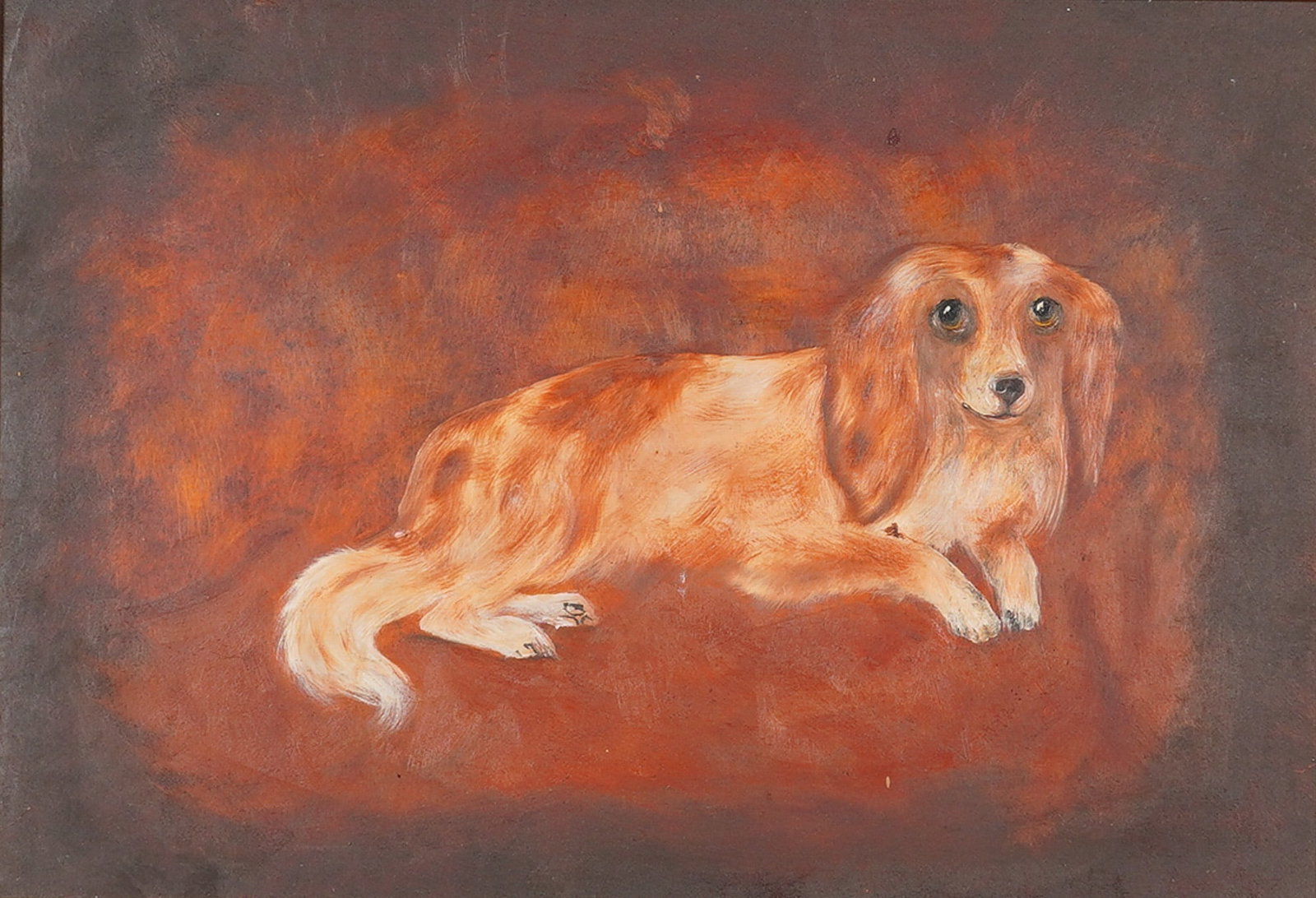 A Framed Folk Art Oil on Panel Portrait of a Long-Haired Dachshund: A folk art painting executed in oil on panel depicting a reclining long-haired dog, identified as a dachshund. The work is rendered in a naive style featuring textured brushwork and prominent, express