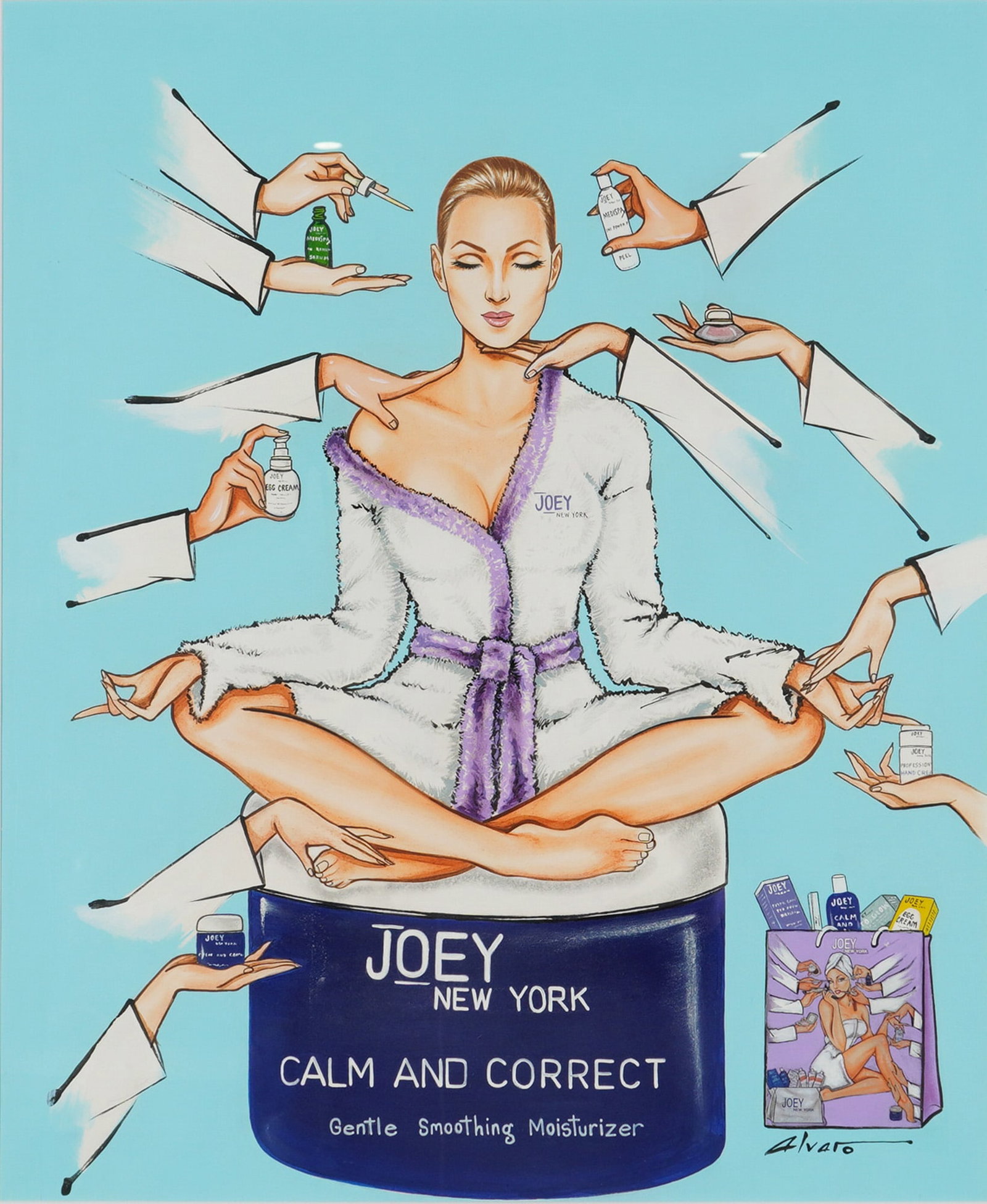 Alvaro, Framed Contemporary Fashion Illustration for Joey New York: A framed contemporary fashion illustration signed Alvaro in the lower right. The composition features a central female figure wearing a white robe with purple trim, seated in a meditative pose atop a 