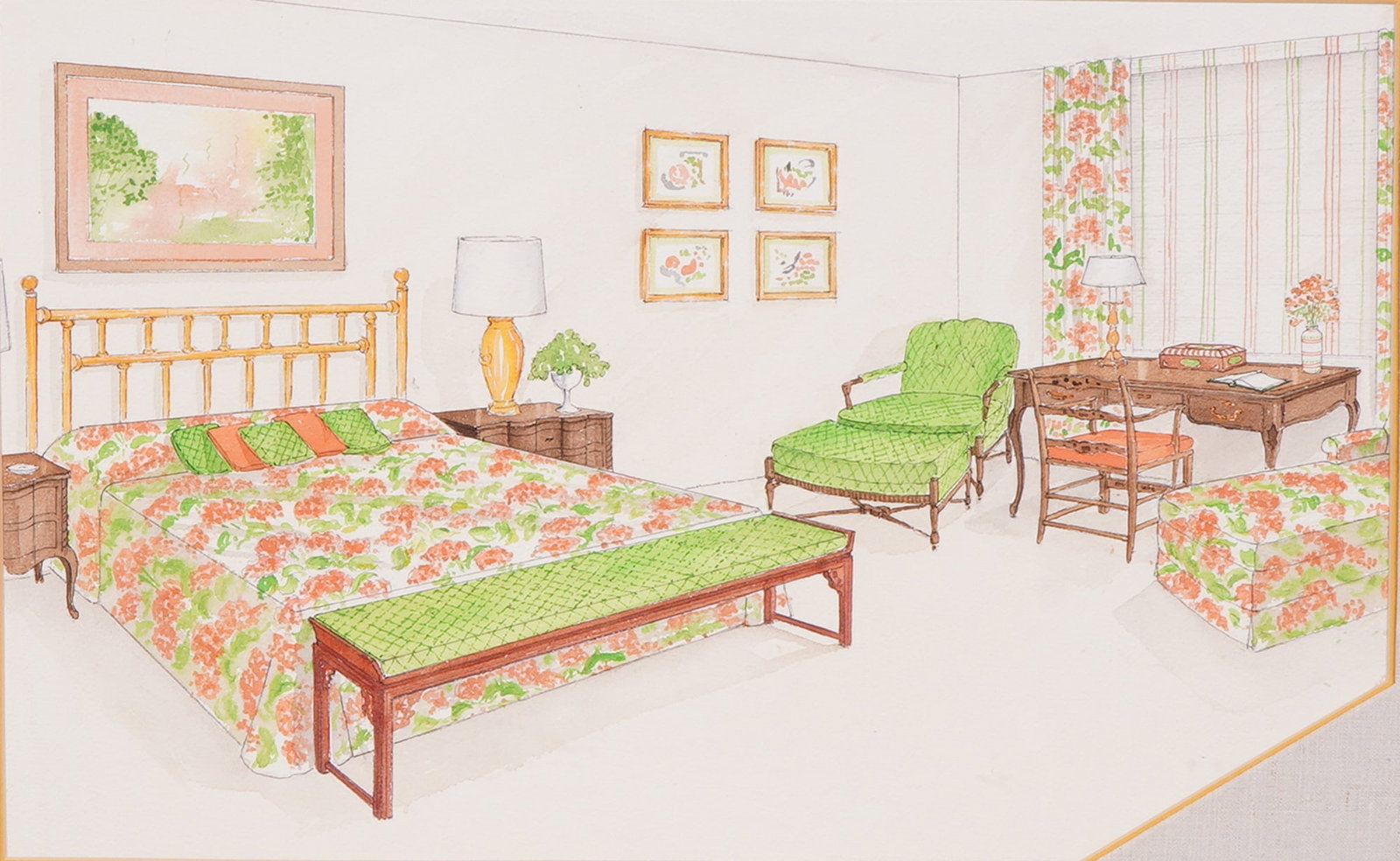 American School 20th C. Interior Design Rendering of a Bedroom Unsigned: American School, 20th Century. Watercolor and pencil on wove paper. This illustrative interior design rendering depicts a bedroom featuring a bed with a floral-patterned spread and matching curtains, 