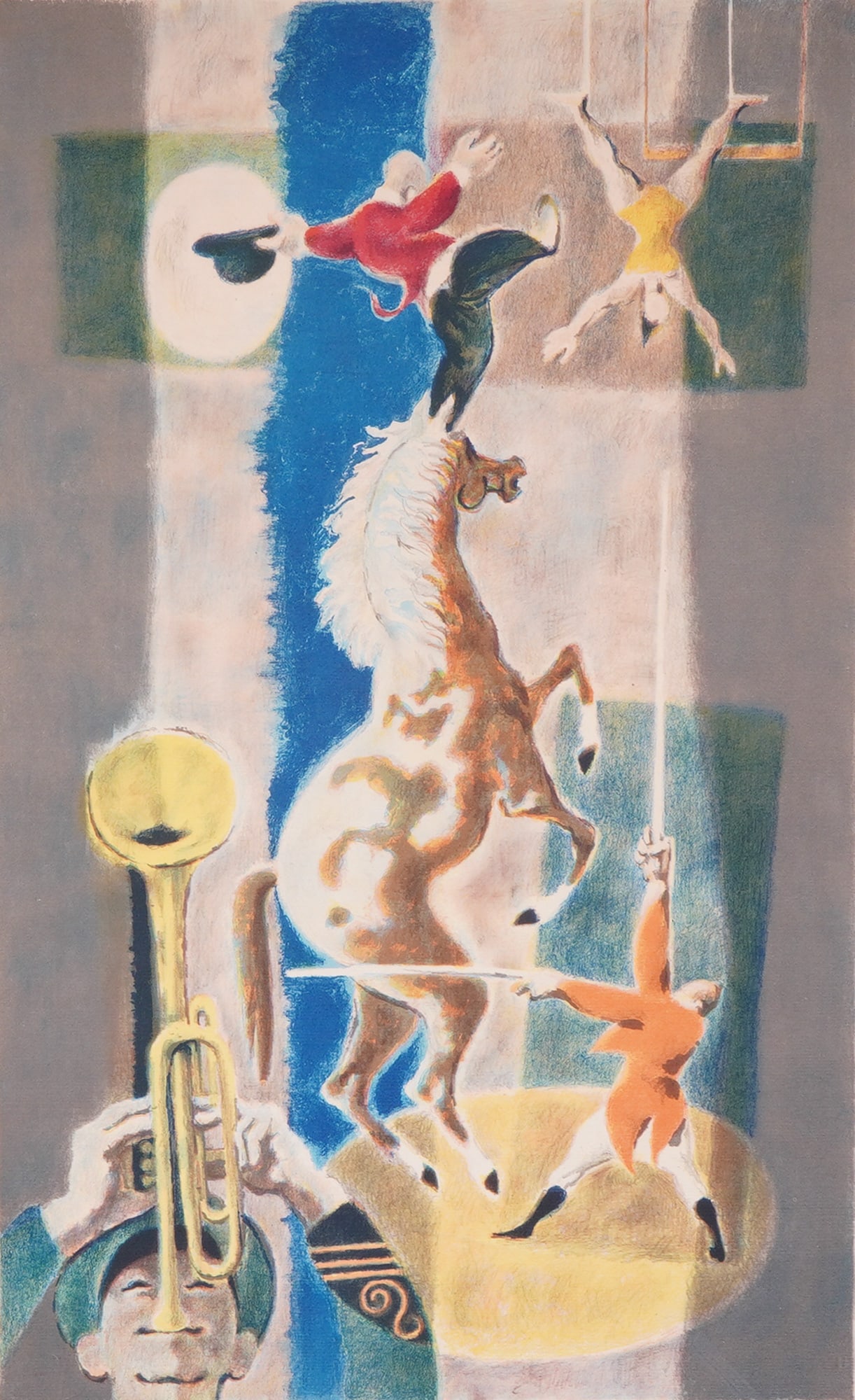 Georges Schreiber (Belgian/American, 1904-1977), Horse and Trumpet (Signed): Georges Schreiber (Belgian/American, 1904-1977). Color lithograph on light-toned wove paper. This dynamic modernist circus scene features a multi-figure composition depicting a musician with a trumpet