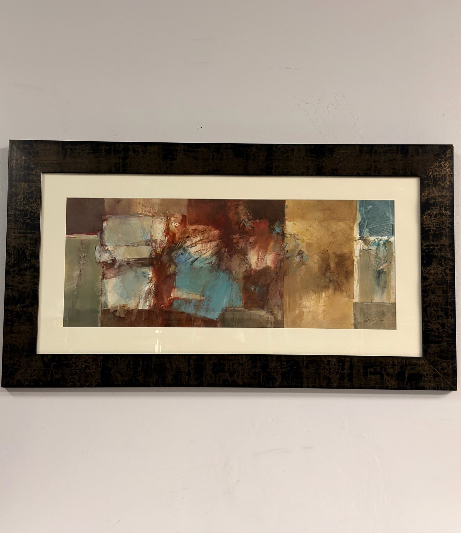 Mixed Media, Untitled Abstract, Signed: This contemporary abstract work is executed in mixed media on paper. The composition features an interplay of rectangular color blocks and expressive, gestural mark-making in a palette of burnt sienna