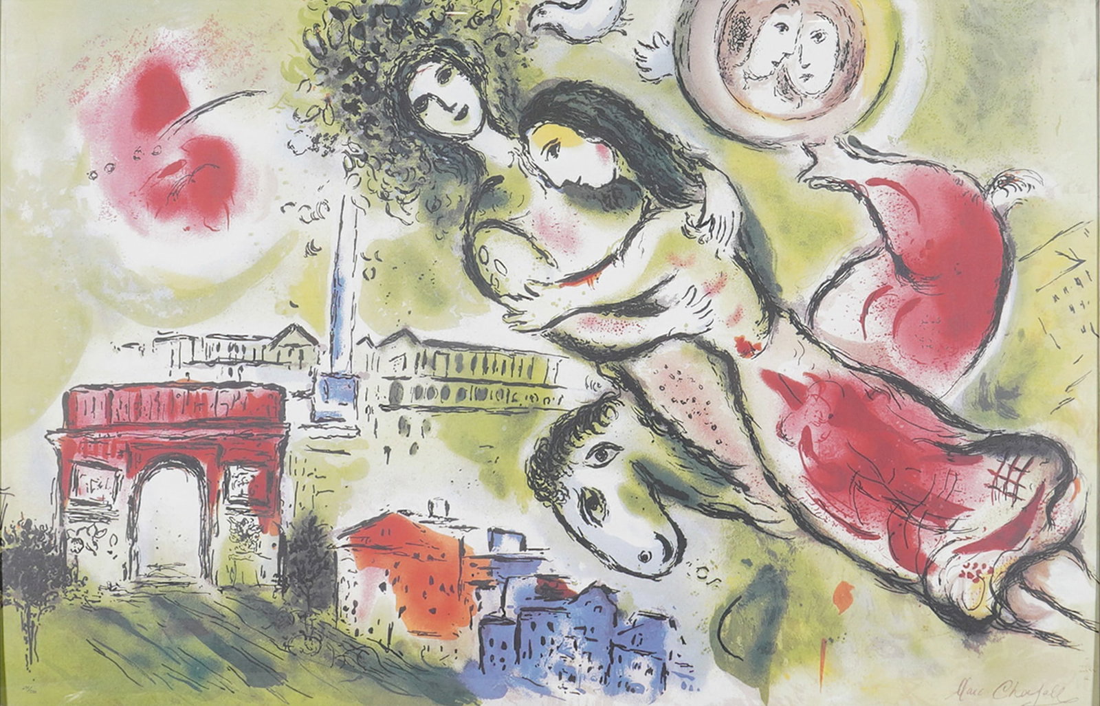 After Marc Chagall (Russian 1887-1985) Limited Edition Offset Lithograph: After Marc Chagall (Russian/French, 1887-1985), this large limited edition offset lithograph on archival paper is titled Romeo and Juliet. The composition features embracing figures, a donkey head, an