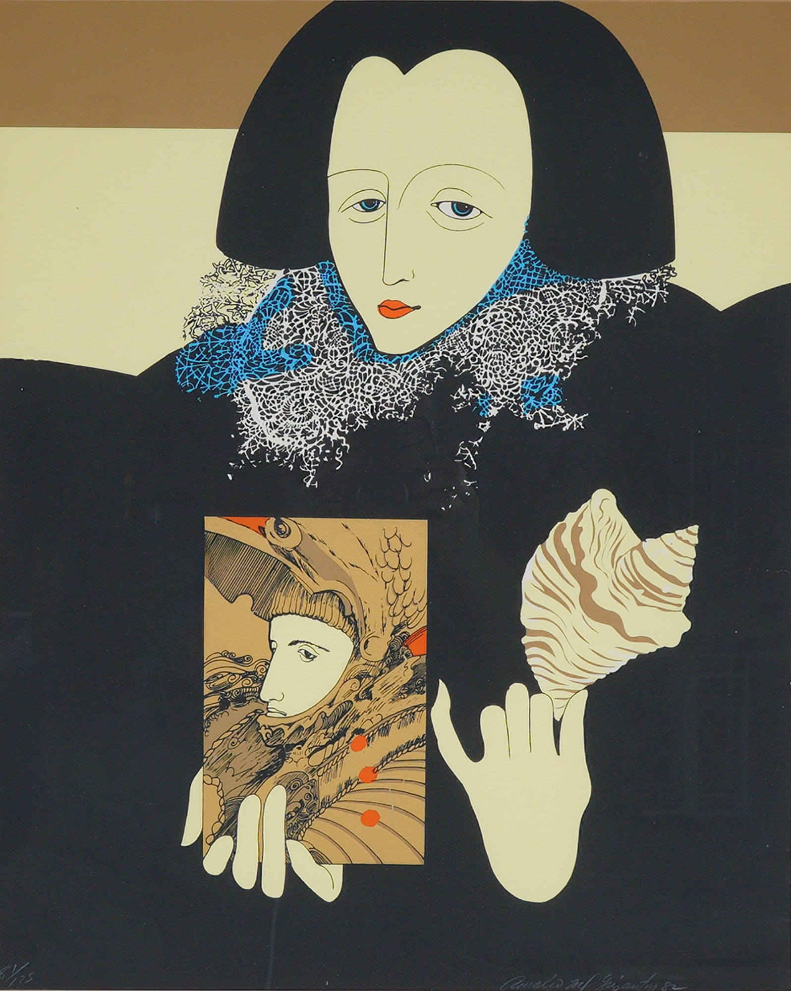 Aurelio Grisanty (Dominican/American, b.1949) Lithograph, Tudor Royalty with Knight, Signed: This limited edition lithograph on paper is by the Dominican-American artist Aurelio Grisanty (born 1949). The work, dated 1982, depicts a stylized figure in Tudor-era royal dress, featuring a promine