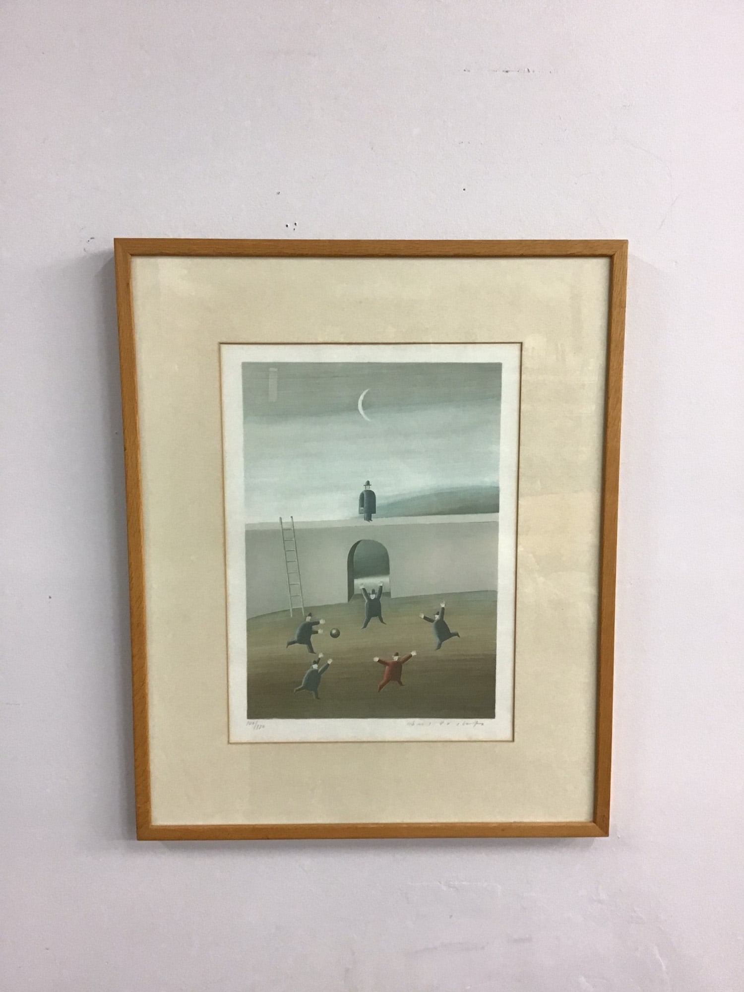 Maris Bishofs, Surrealist Lithograph, Numbered 100/170: This lithograph on paper is by the Latvian-Israeli artist Maris Bishofs (born 1939). The surrealist composition depicts five stylized figures wearing suits and hats engaged in a ball game within a cou