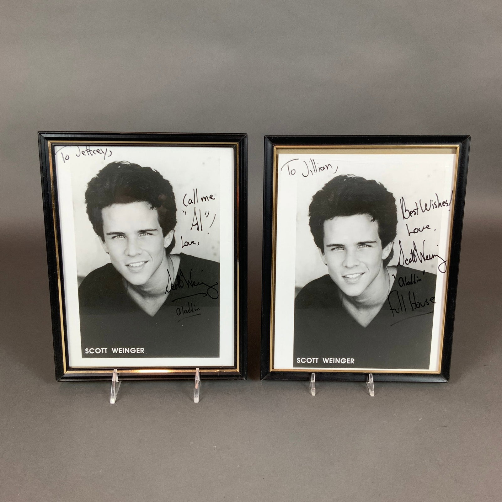 2pc Framed Autographed Scott Weinger Promotional Photographs: This lot features a pair of matching framed and signed black-and-white promotional photographs of actor Scott Weinger. Each glossy headshot includes the printed name SCOTT WEINGER in white block lette