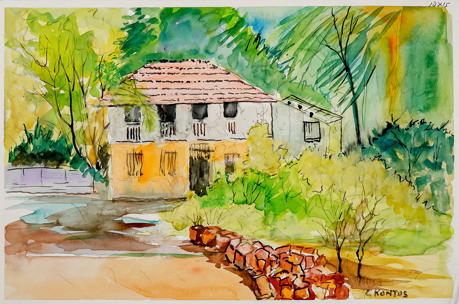 Charles Kontos, Original Watercolor Painting on Paper, Signed: Vibrant and expressive watercolor on paper painting by Charles Kontos. This lush scene depicts a traditional home surrounded by flourishing greenery and accented by a rustic stone wall, rendered with 