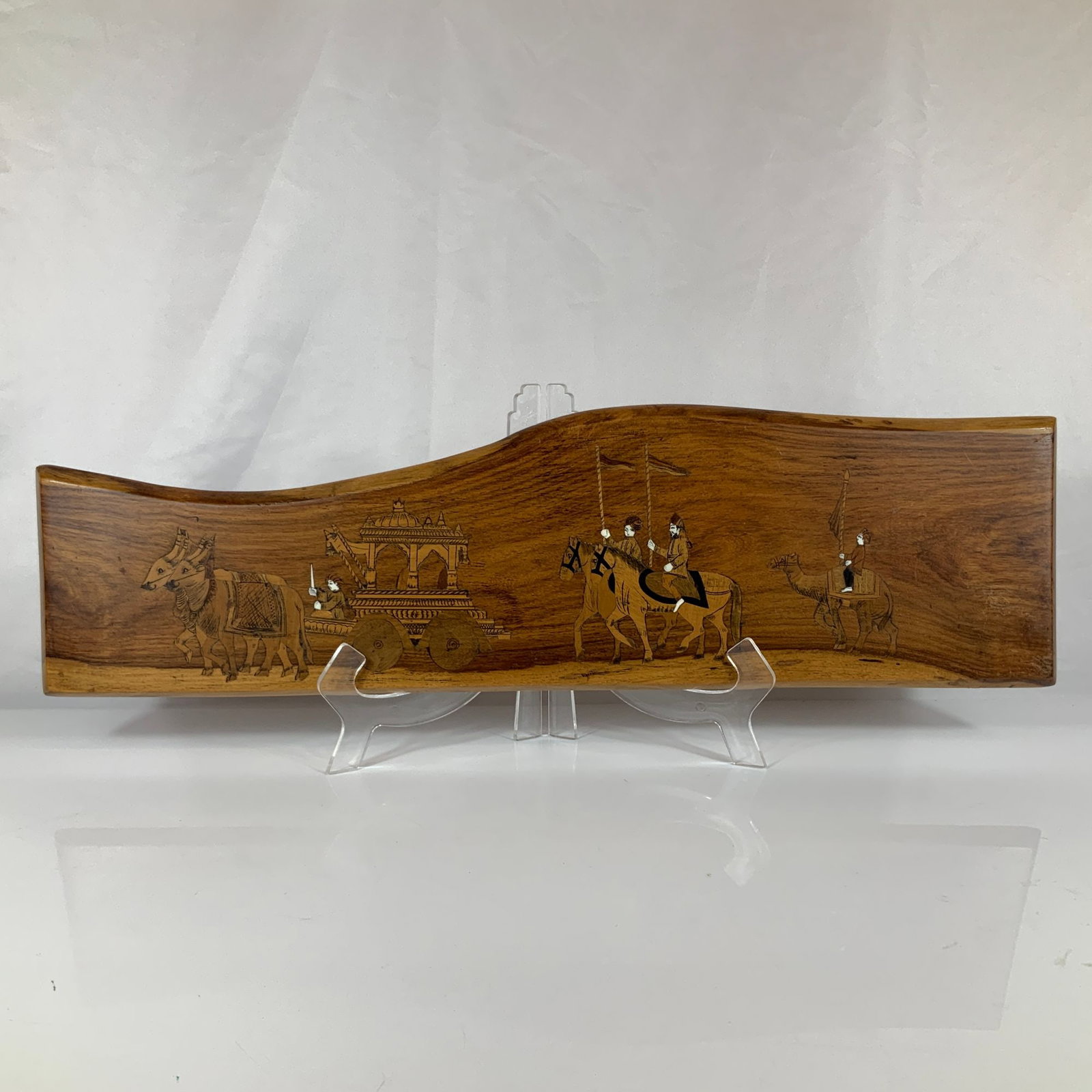 Vintage Indian Wood Inlay Wall Plaque Depicting a Ceremonial Procession (1 of 3)
