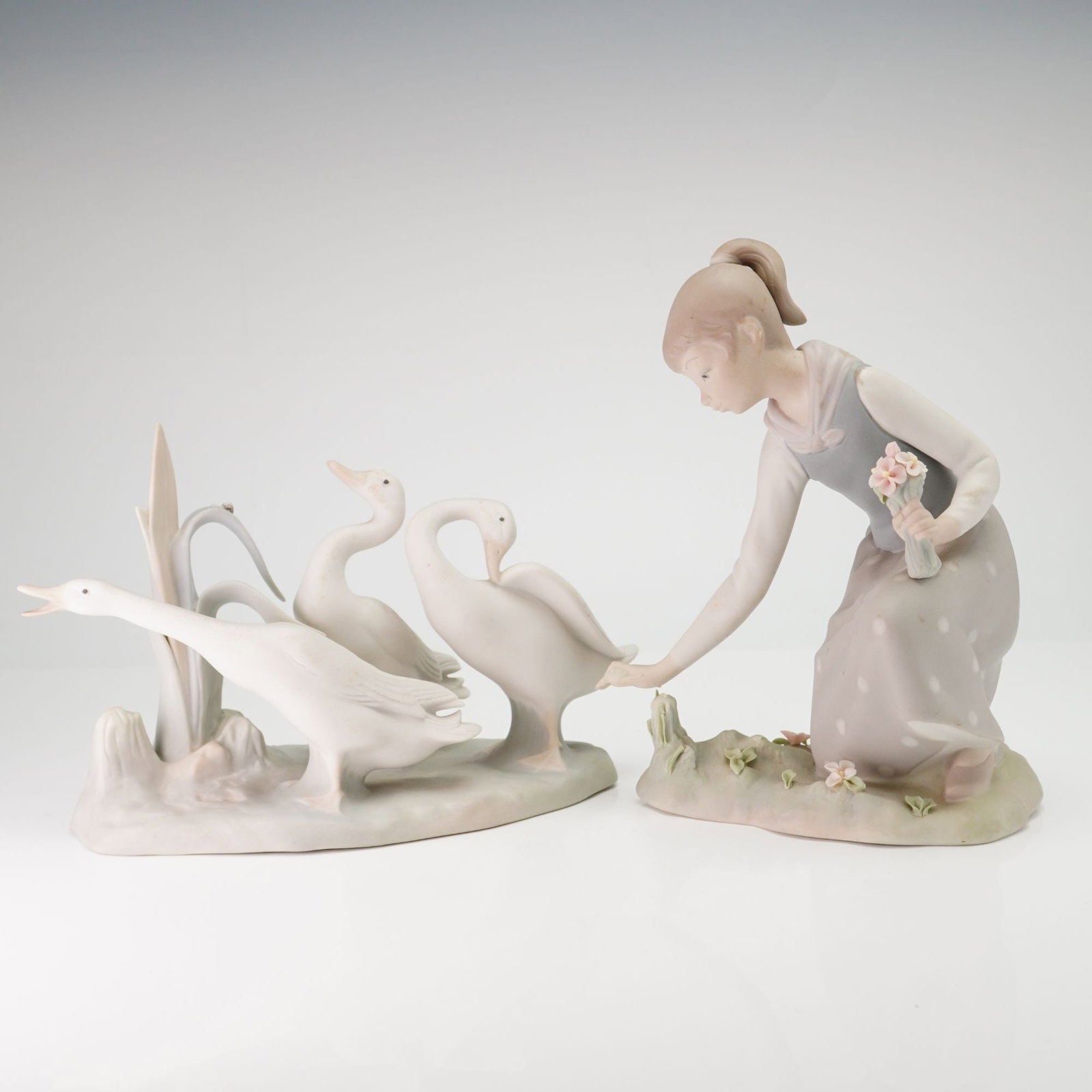 Two Lladro Matte Porcelain Figurines, Girl with Flowers 0101172 and Geese Group 01014549 (1 of 4)