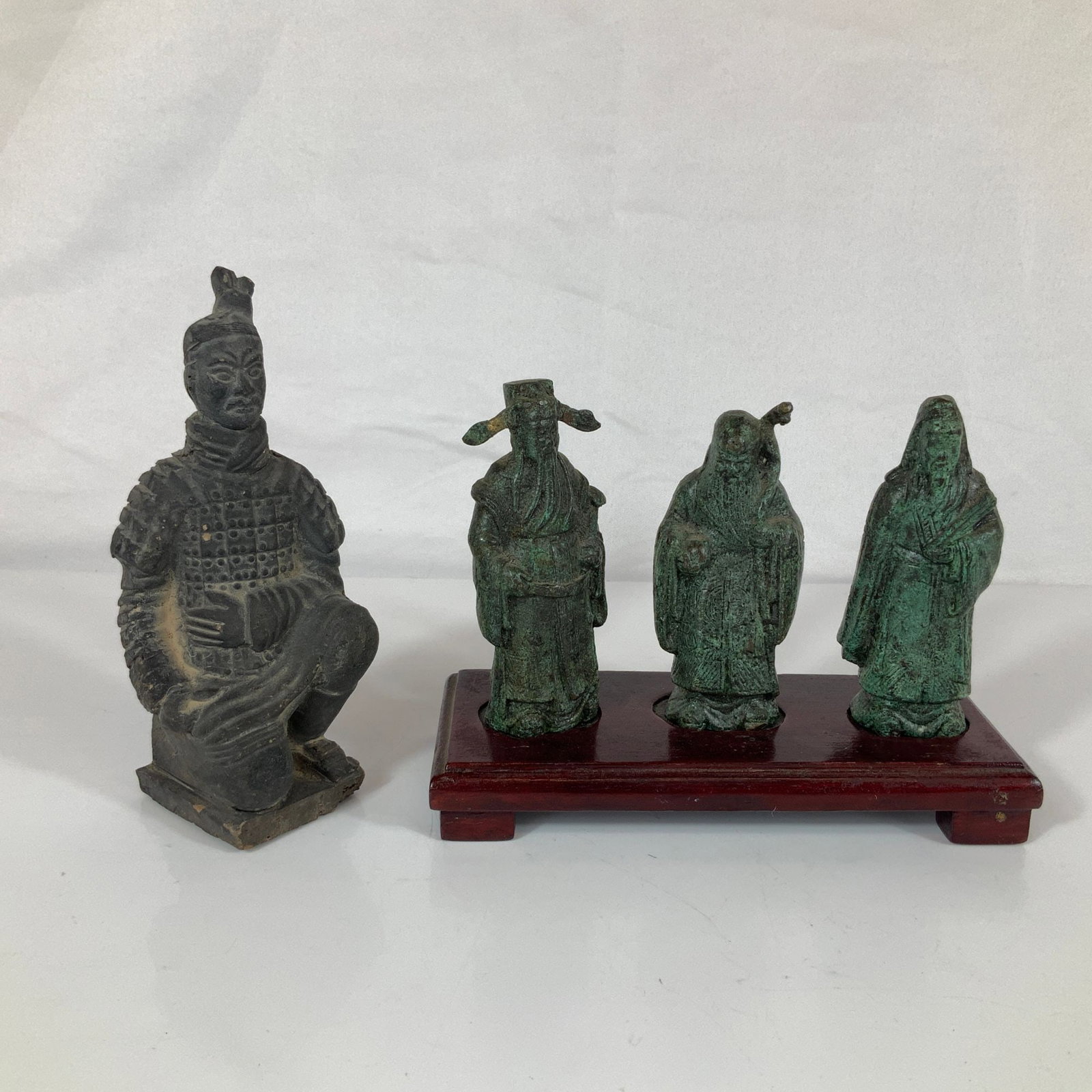 4pc Chinese Fu Lu Shou Deities and Terracotta Warrior Style Figurines with Wooden Stand (1 of 3)