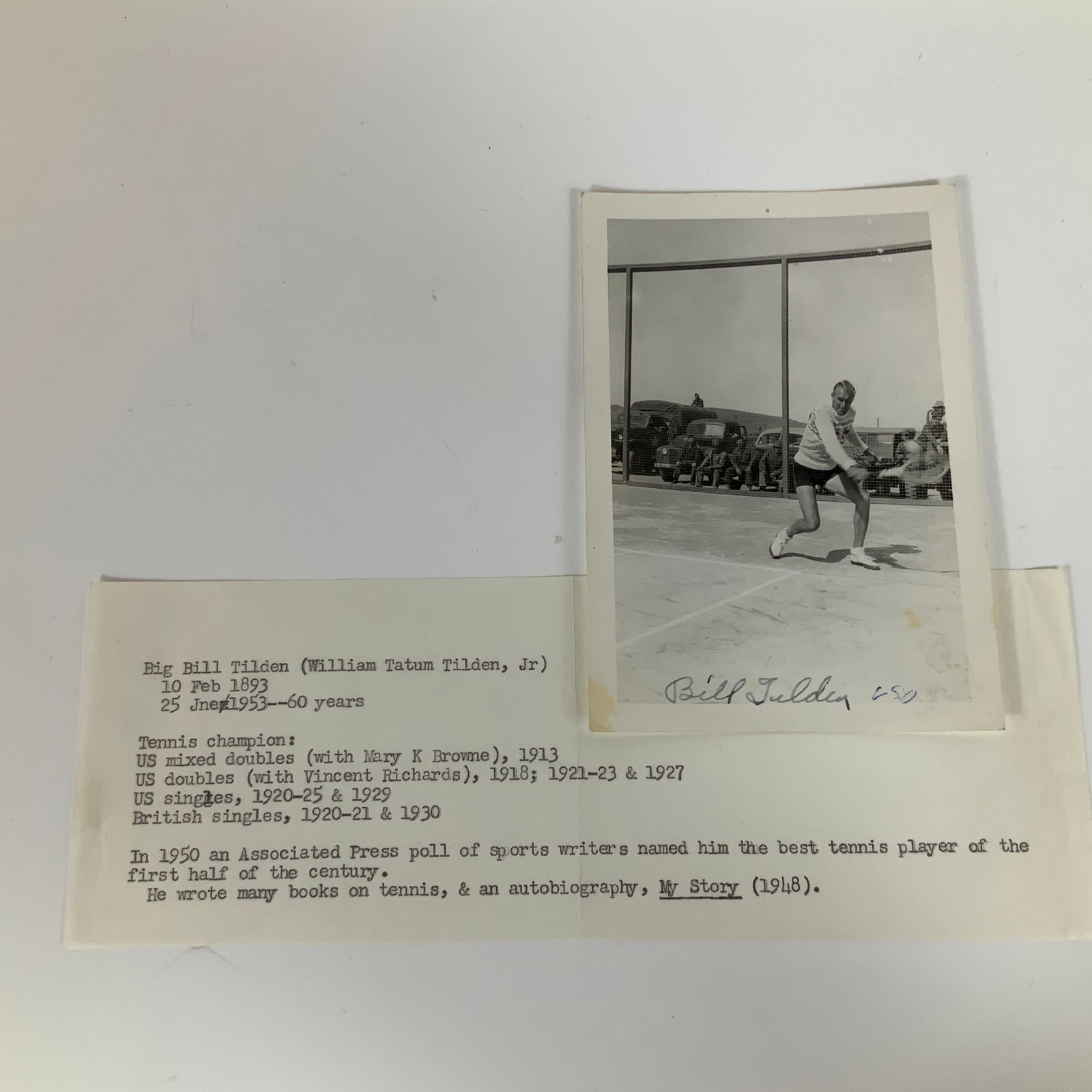 Autographed Black and White Photograph of Tennis Player Big Bill Tilden with Biographical Slip (1 of 2)