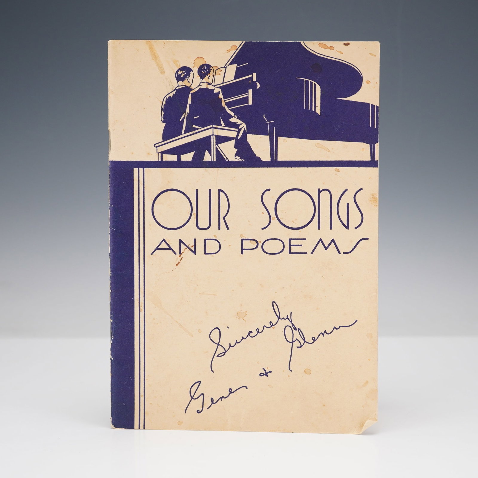 Gene Carroll and Glenn Rowell -Booklet,1st E - Our Songs and Poems, Signed: The 1937 illustrated softcover booklet features a collection of original songs and poems with musical notation, written and composed by the performing duo. The cover bears printed signatures reading S