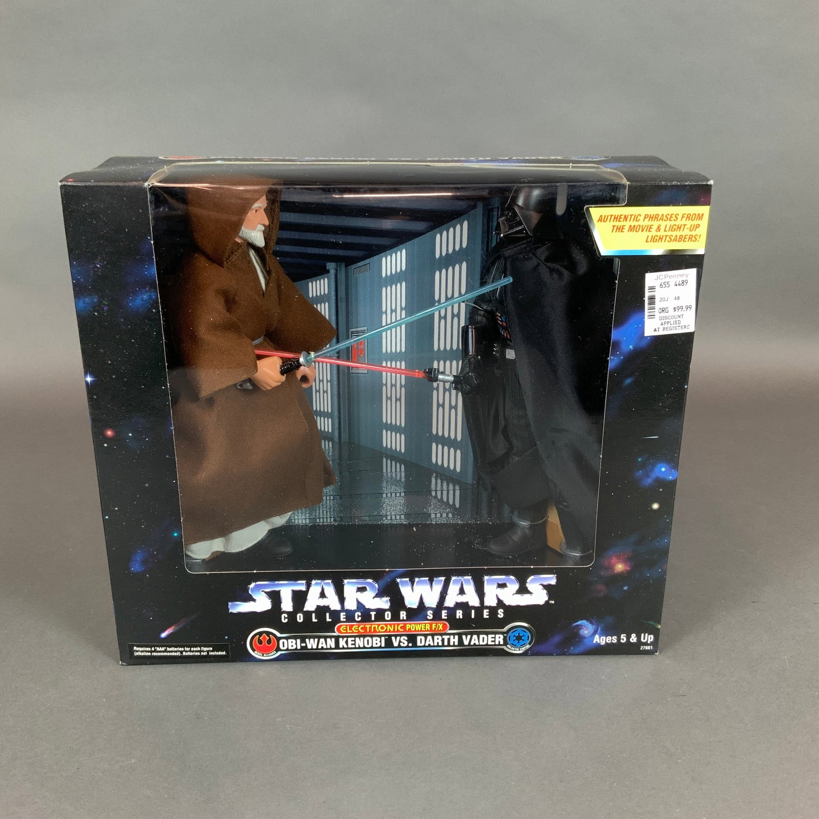 Kenner Star Wars Collector Series Figurines, Obi-Wan Kenobi vs. Darth Vader: A 1997 Kenner Star Wars Collector Series Electronic Power F/X boxed set featuring two action figures of Obi-Wan Kenobi and Darth Vader. The figures are modeled after their lightsaber duel on the Death