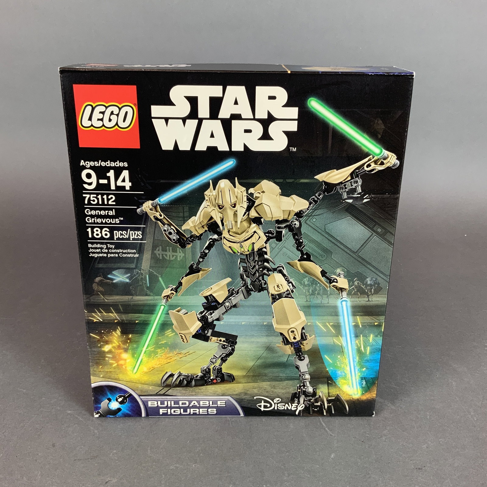 LEGO Star Wars Buildable Figure Set, General Grievous 75112: This LEGO Star Wars buildable figure set 75112 features General Grievous and is comprised of 186 plastic pieces. The design includes four poseable arms and comes with four lightsaber accessories in tr