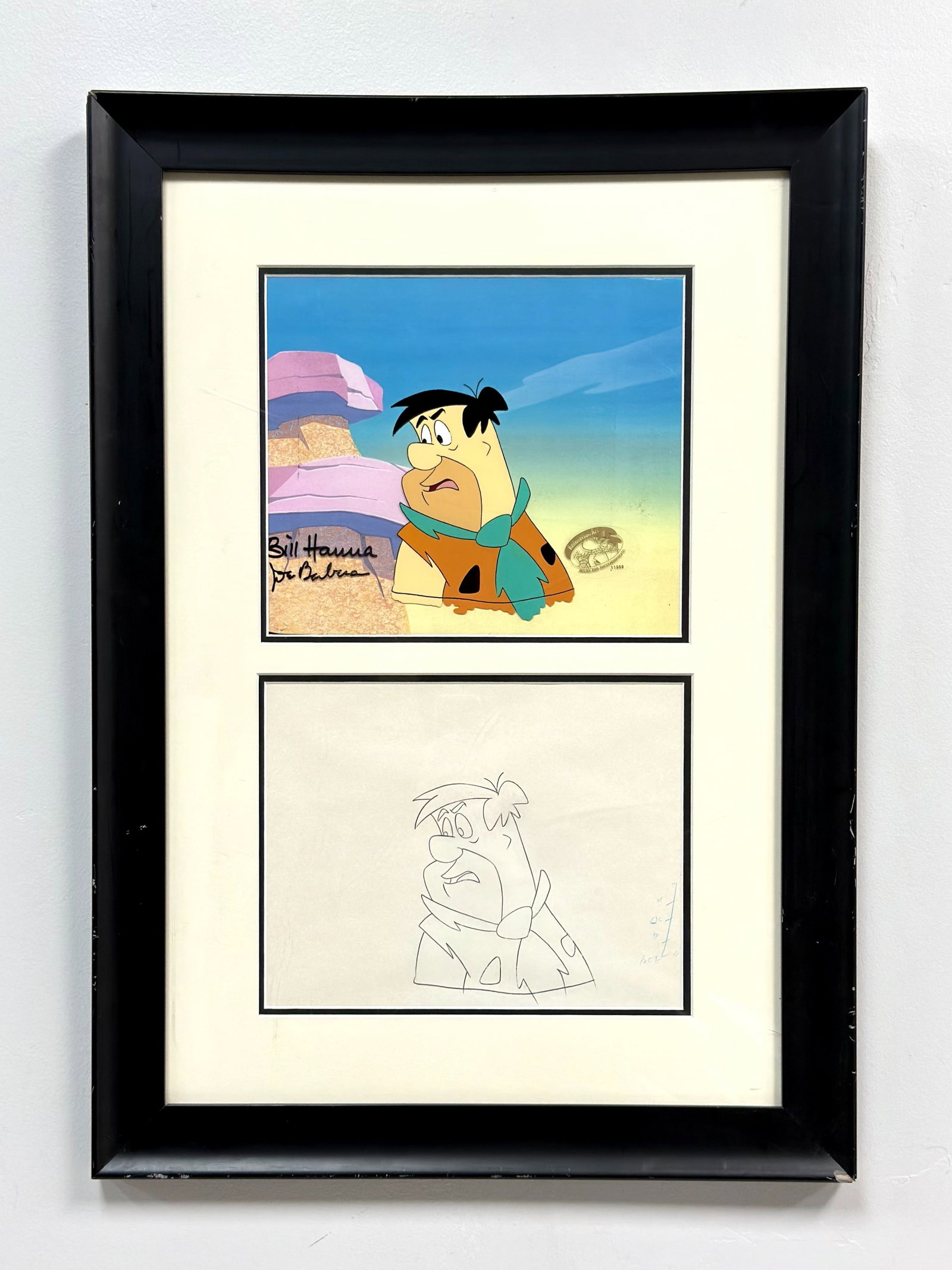 Bill Hanna & Joe Barbera, Fred Flintstone Hand-Painted Production Cel and Matching Drawing, Signed (1 of 4)
