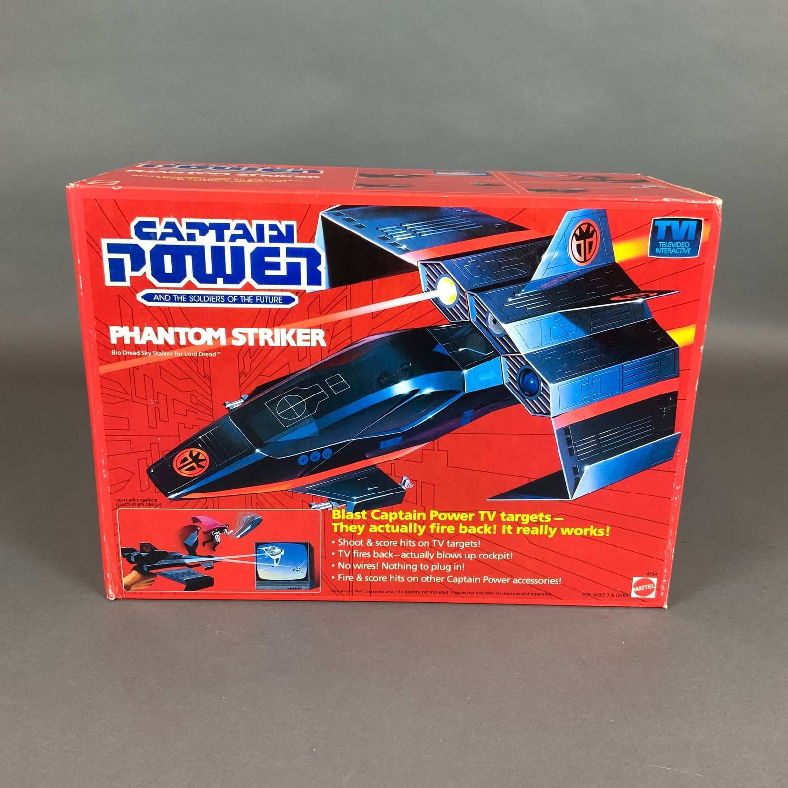 Mattel Captain Power Phantom Striker Interactive Jet Vehicle in Original Box: 1987 Mattel Captain Power and the Soldiers of the Future Phantom Striker interactive electronic jet vehicle, also identified on the packaging as the Bio Dread Sky Stalker for Lord Dread. This plastic 