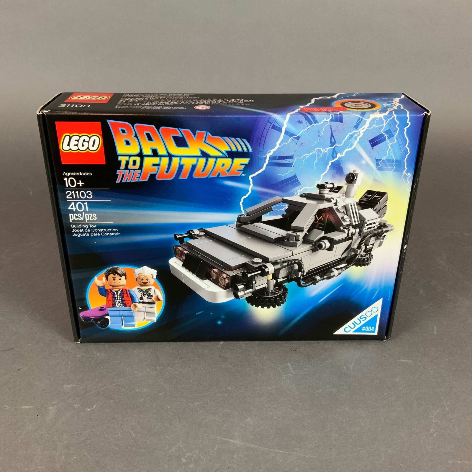 LEGO Cuusoo Back to the Future The DeLorean Time Machine Set 21103: This is a LEGO Cuusoo (Ideas) construction set titled The DeLorean Time Machine, set number 21103, manufactured by The LEGO Group. The set consists of 401 plastic pieces and two minifigures, Marty McF