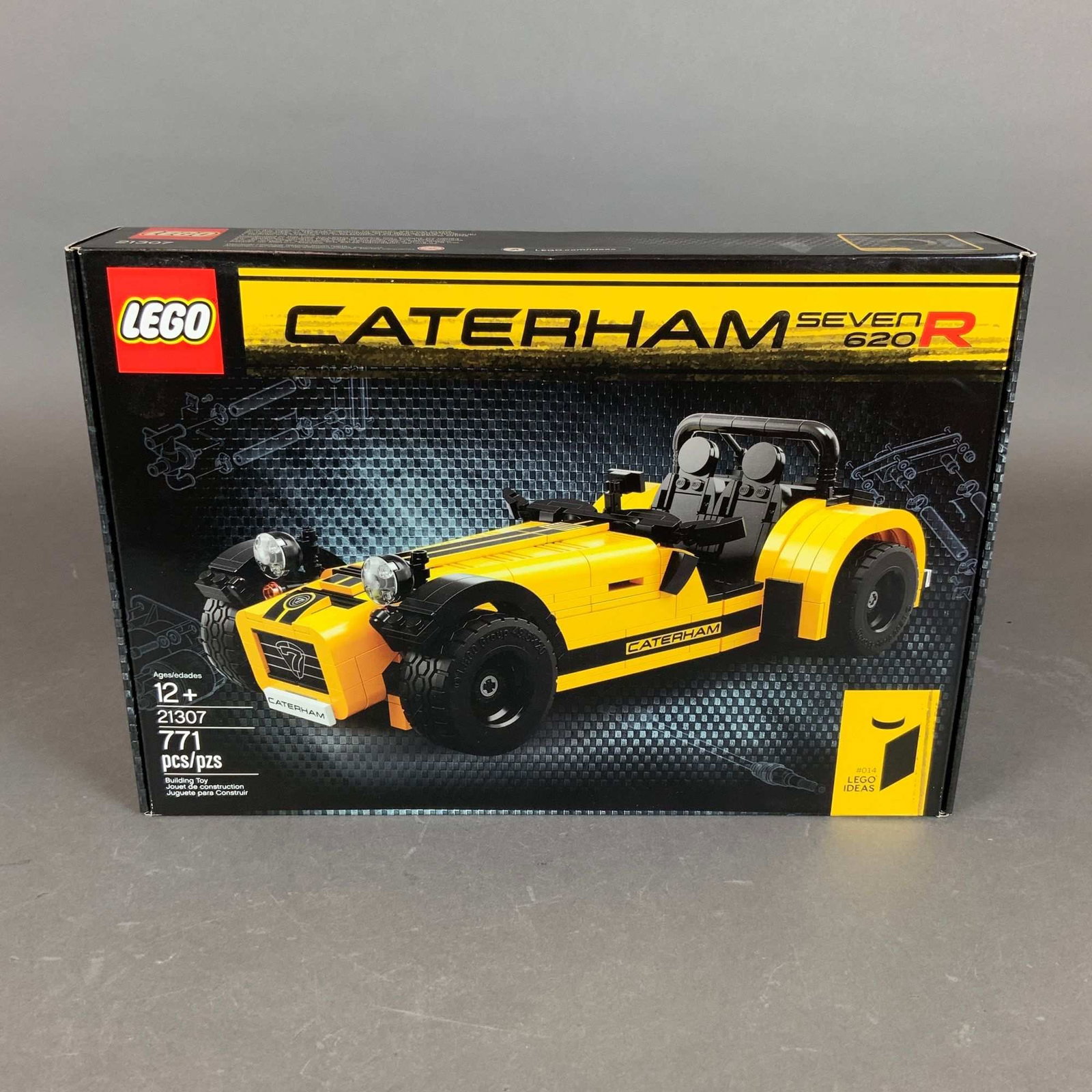 LEGO Ideas Building Set, Caterham Seven 620R 21307: A LEGO Ideas construction set, number 21307, featuring the Caterham Seven 620R sports car. This set is part of the LEGO Ideas series and is designated as number 014. The model is constructed from plas