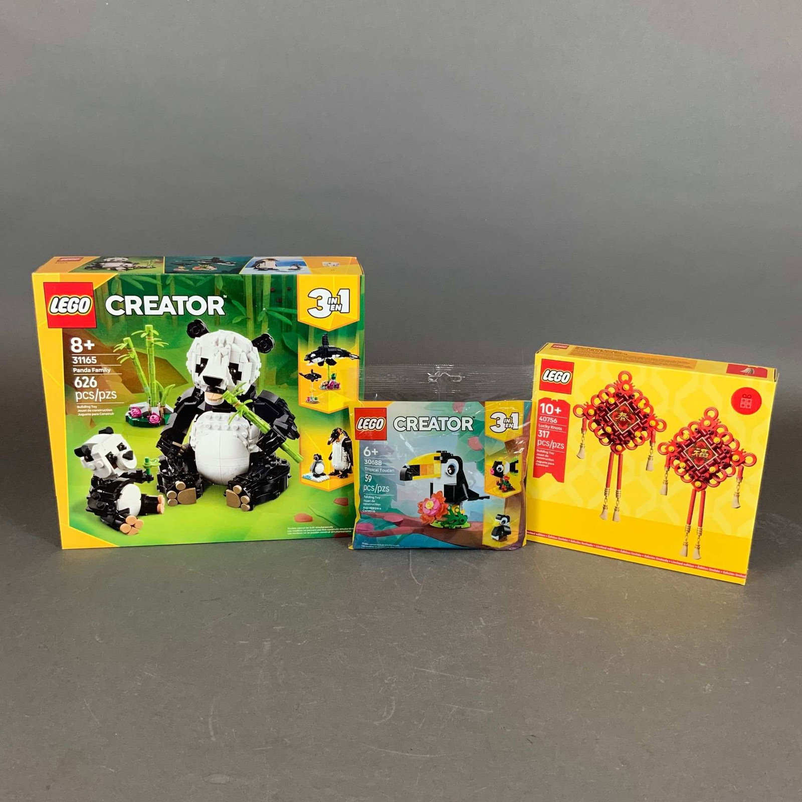 3pc LEGO Building Sets, Creator Panda Family 31165, Lucky Knots 40756, and Tropical Toucan 30688 (1 of 3)