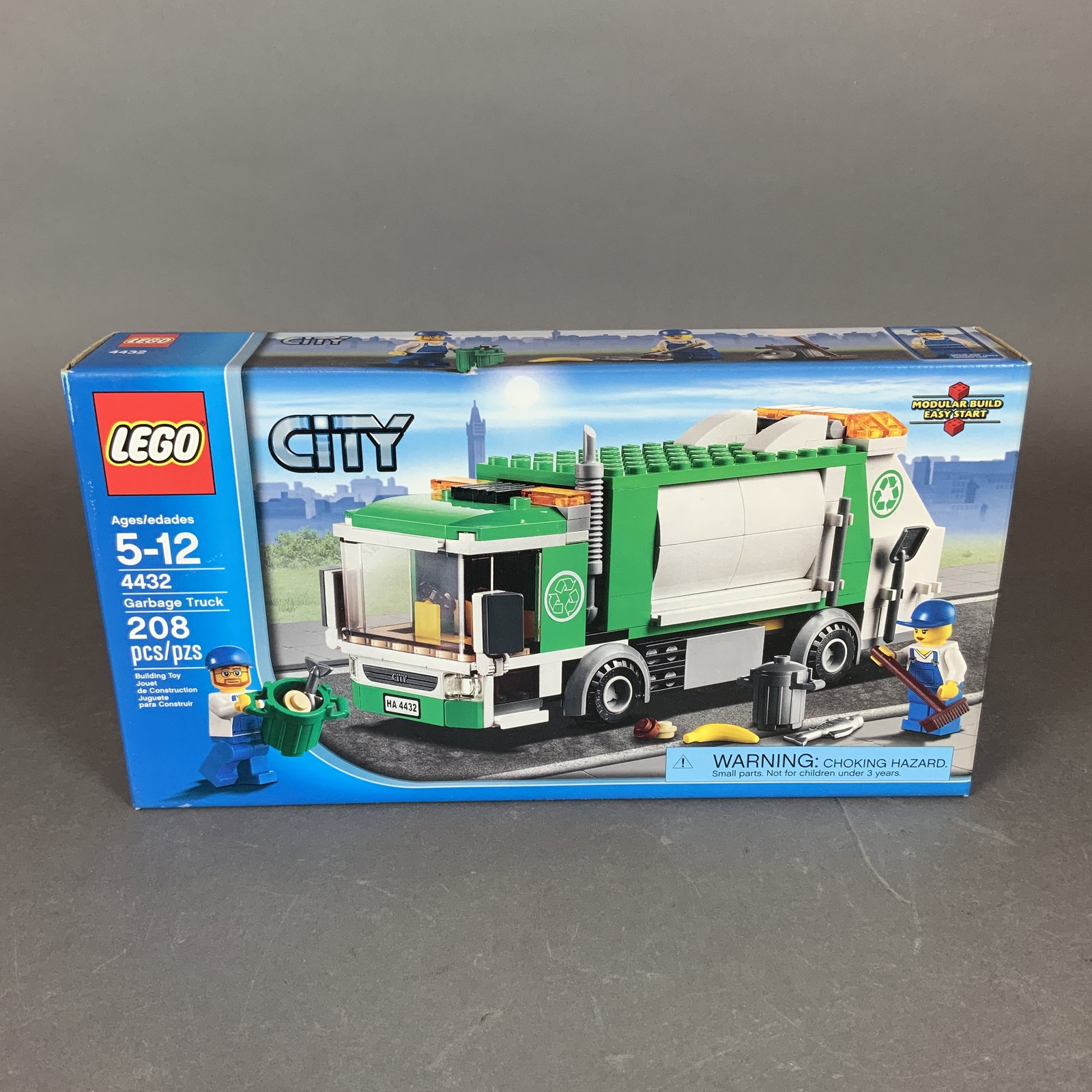LEGO City Set, Garbage Truck 4432: This LEGO City set, number 4432, features a Garbage Truck consisting of 208 plastic construction pieces. Released in 2012 by LEGO, the set includes a green and white garbage truck designed with a tilt