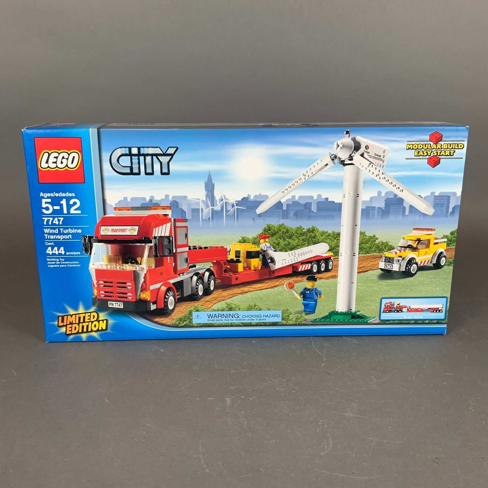 LEGO City Wind Turbine Transport Building Set 7747: LEGO City Limited Edition Wind Turbine Transport set, model number 7747, produced by LEGO. This set is comprised of 444 plastic building pieces designed for ages 5 through 12. The construction feature
