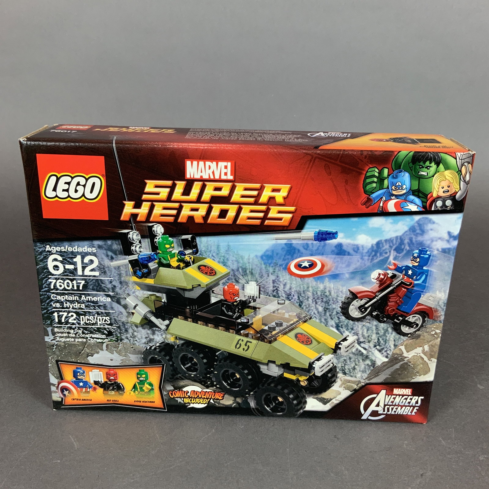 LEGO Marvel Super Heroes Captain America vs. Hydra Set 76017: A LEGO Marvel Super Heroes building set, number 76017, titled Captain America vs. Hydra. This 172-piece set, produced in 2014, features characters and vehicles from the Marvel Avengers Assemble series