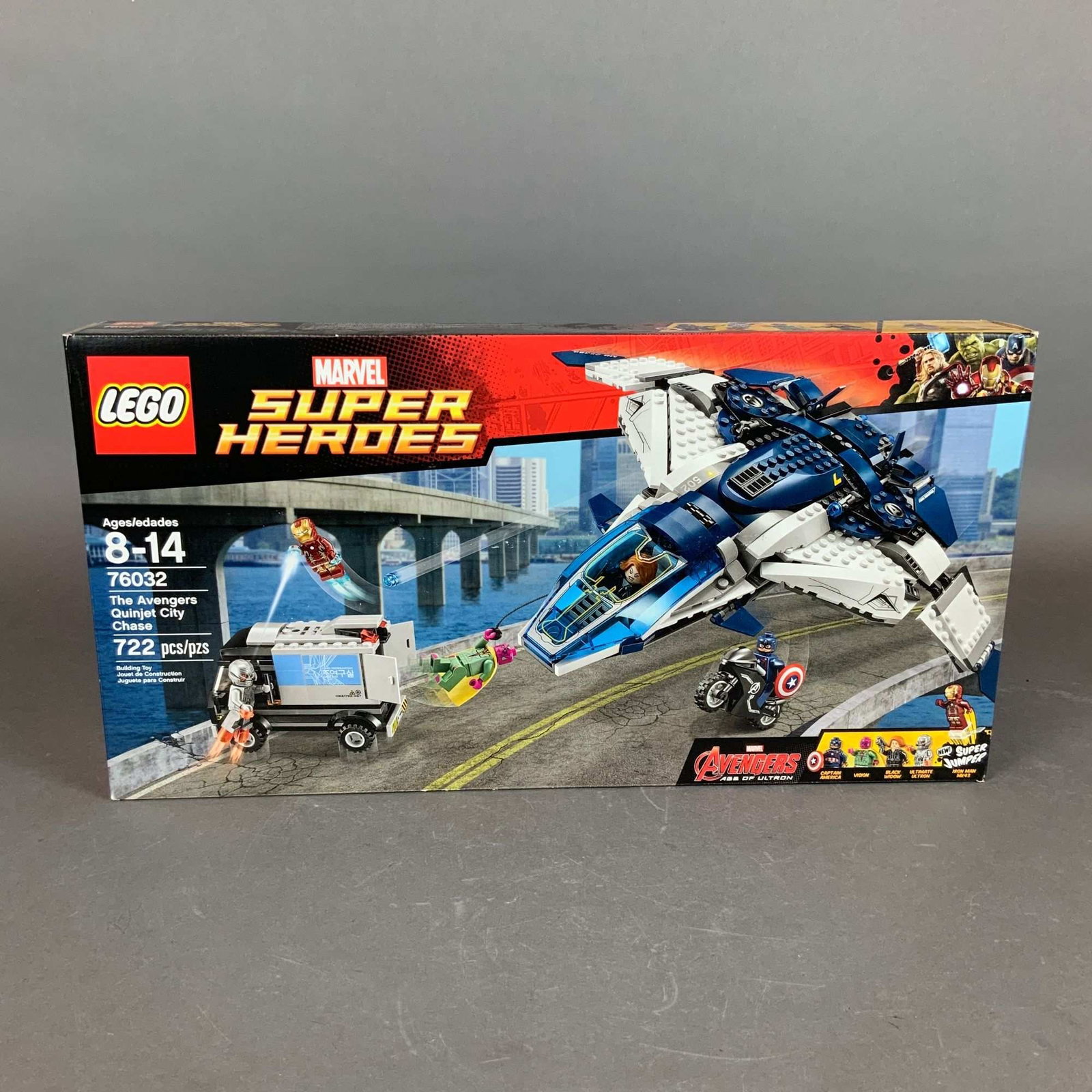LEGO Marvel Super Heroes The Avengers Quinjet City Chase Building Set 76032: This LEGO Marvel Super Heroes construction set, model number 76032, is titled The Avengers Quinjet City Chase and is inspired by the film Avengers: Age of Ultron. Produced by The LEGO Group, the set i