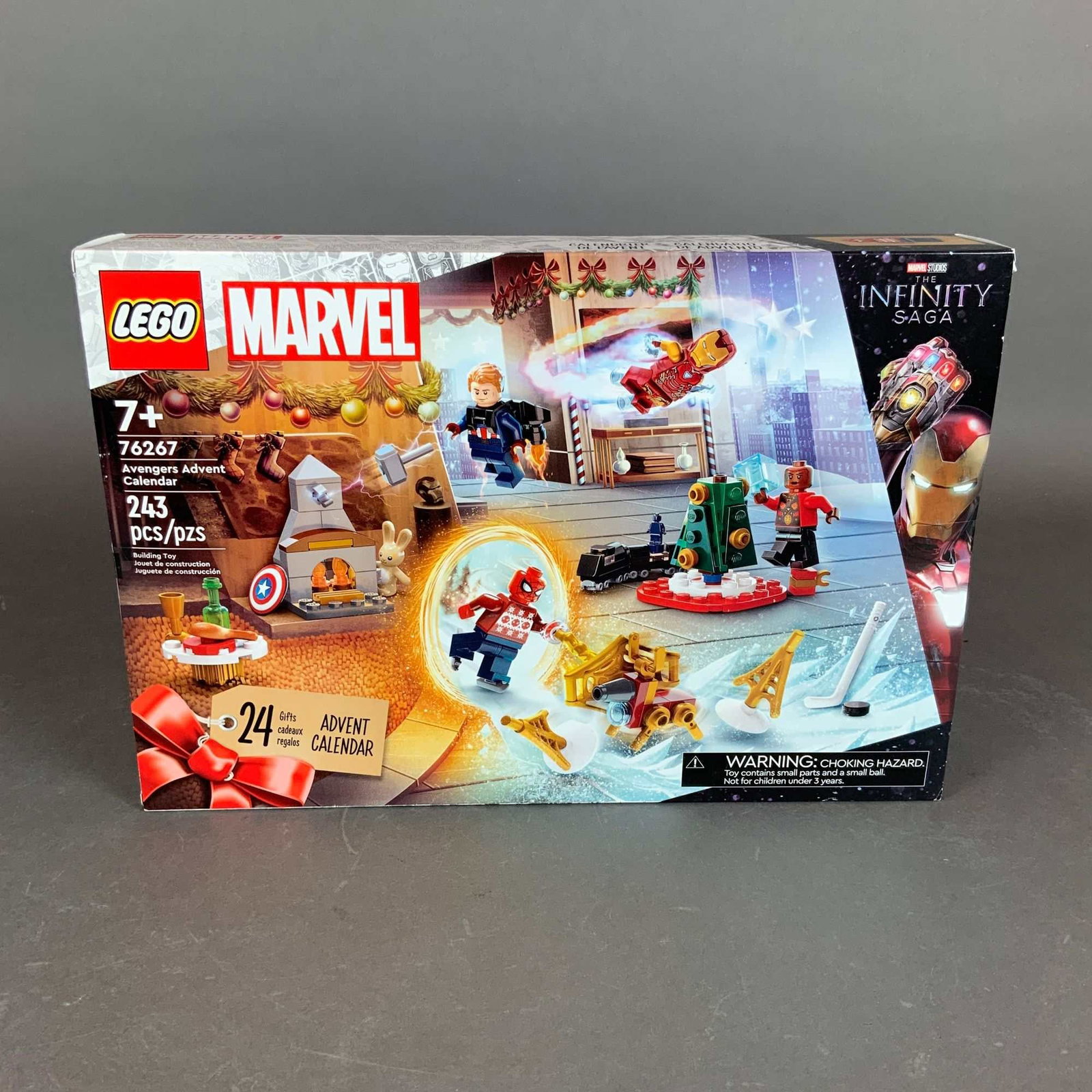 LEGO Marvel The Infinity Saga Set, Avengers Advent Calendar 76267: This LEGO Marvel Avengers Advent Calendar, set number 76267, is a construction toy themed around The Infinity Saga. Produced by LEGO in 2023, the set contains 243 plastic interlocking pieces designed 