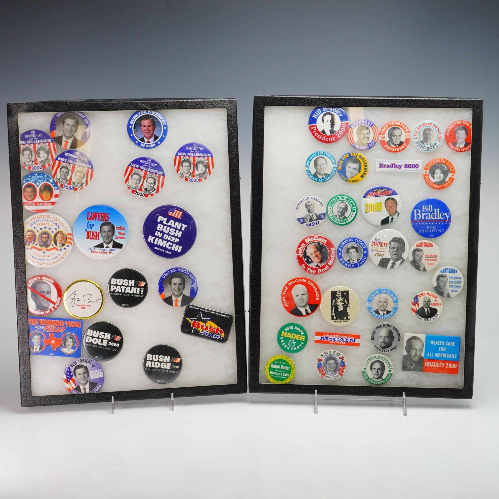 A Collection of US Political Campaign Buttons and Pins in Two Display Trays (1 of 3)