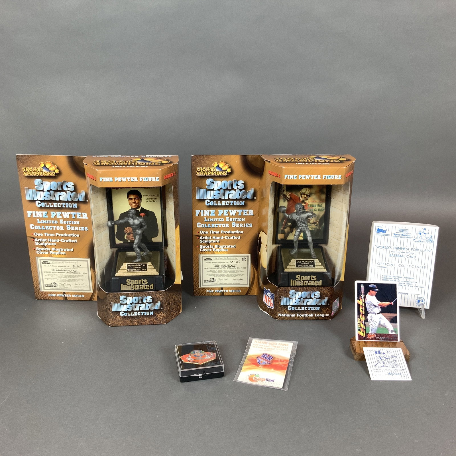 5pc Sports Memorabilia Including Sports Illustrated Pewter Figurines, Porcelain Baseball Card, and (1 of 4)
