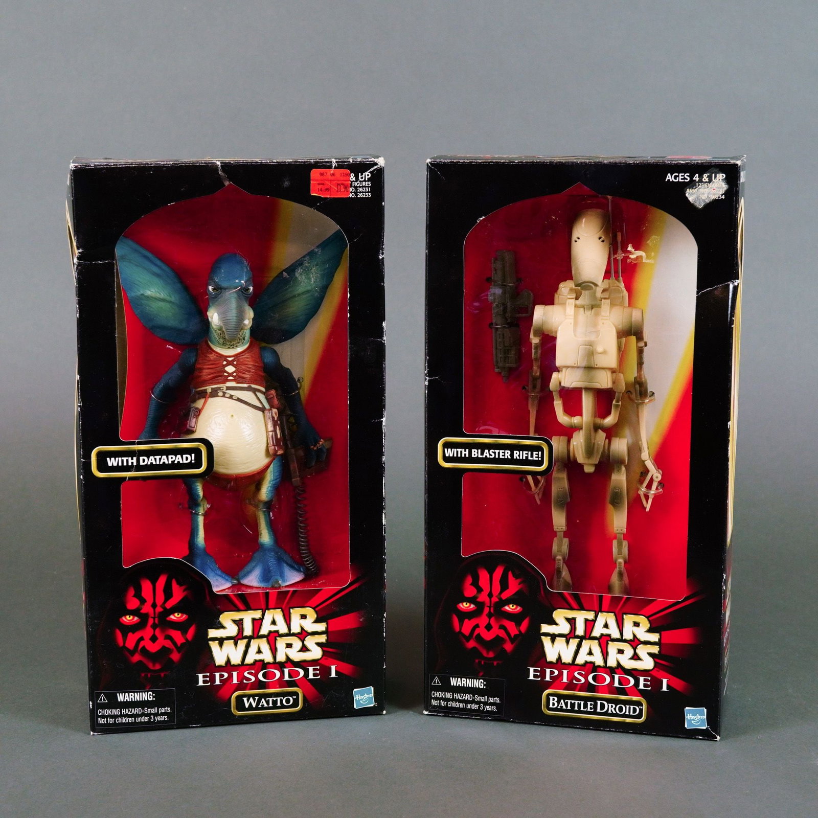 Hasbro Star Wars Episode I Action Collection Watto and Battle Droid Figures, 1999: This lot features a pair of Star Wars: Episode I - The Phantom Menace Action Collection figures manufactured by Hasbro in 1999. The set includes the Toydarian junk dealer Watto and a Trade Federation 