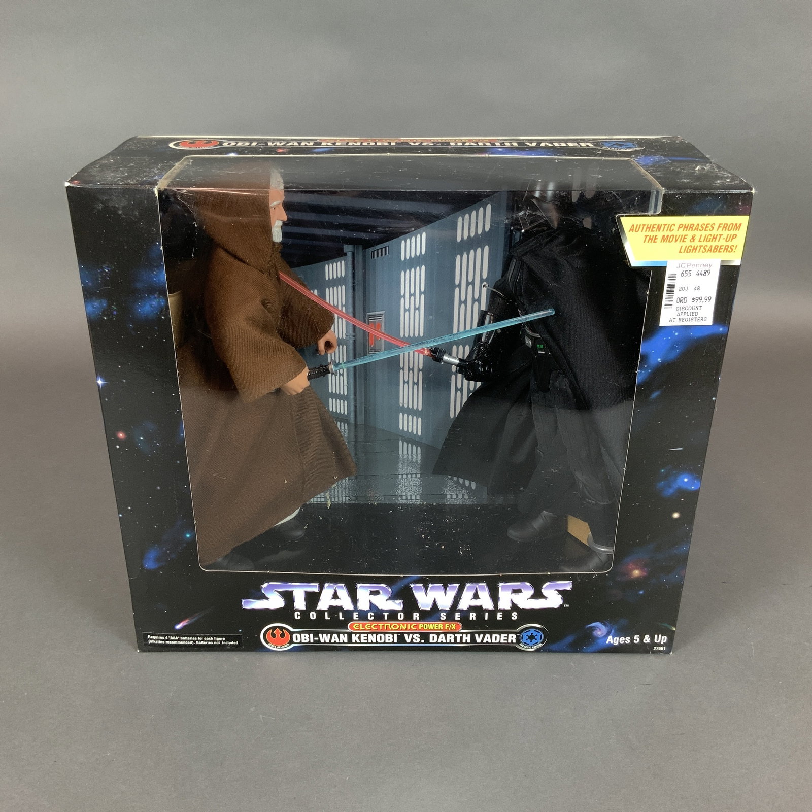 Kenner Star Wars Collector Series Figurines, Obi-Wan Kenobi vs. Darth Vader: A 1997 Kenner Star Wars Collector Series Electronic Power F/X boxed set featuring two action figures of Obi-Wan Kenobi and Darth Vader. The figures are modeled after their lightsaber duel on the Death