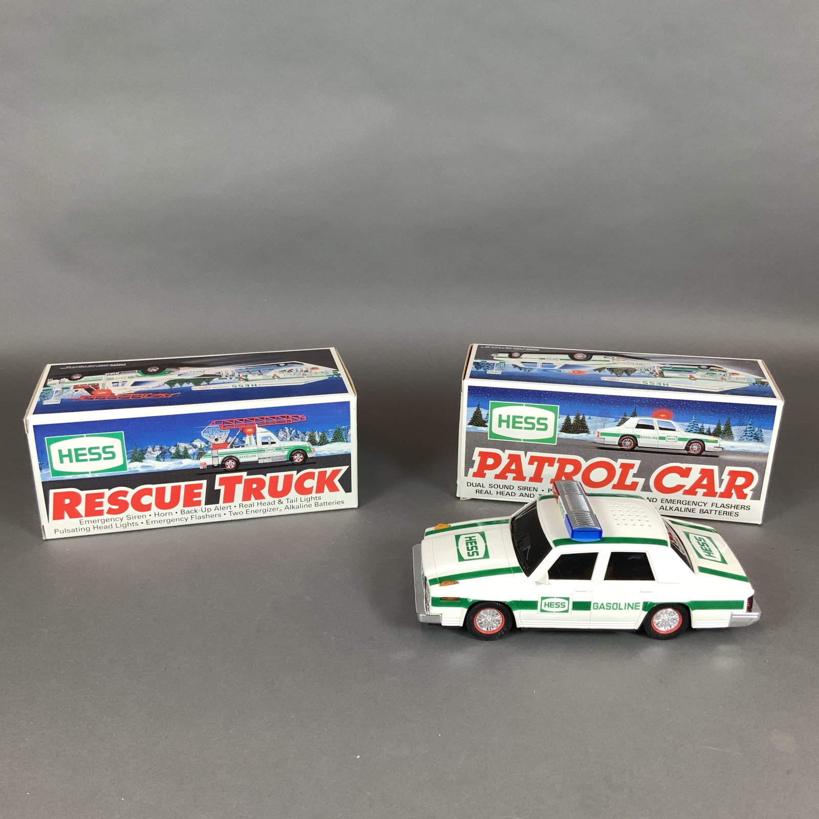 Two Hess Toy Scale Vehicles: 1993 Patrol Car and Rescue Truck with Original Boxes (1 of 3)
