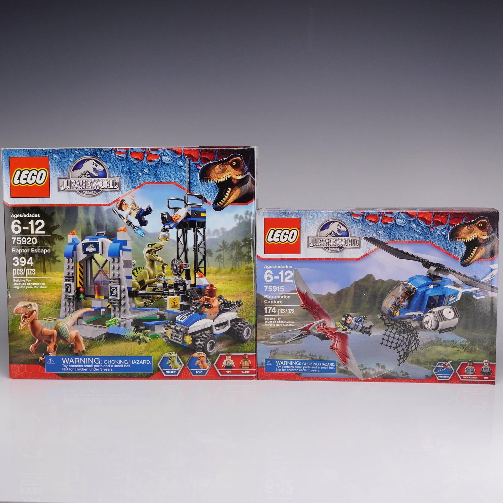 2pc LEGO Jurassic World Building Sets 75920 Raptor Escape and 75915 Pteranodon Capture: This lot consists of two building sets from the LEGO Jurassic World theme, originally released in 2015. The first set is 75920 Raptor Escape, which contains 394 plastic pieces. This set features a rap
