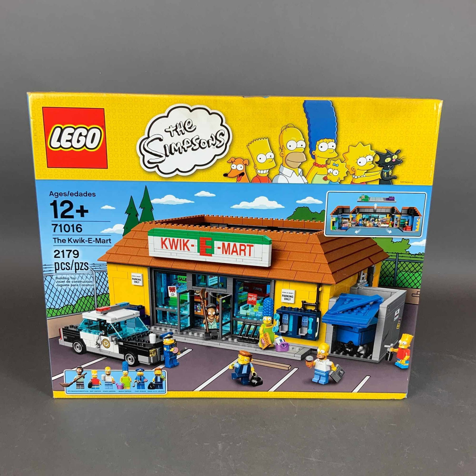 LEGO The Simpsons The Kwik-E-Mart Building Building Set 71016: A LEGO The Simpsons themed building brick construction set, number 71016, titled The Kwik-E-Mart. This plastic construction kit is a detailed recreation of the iconic convenience store from the animat