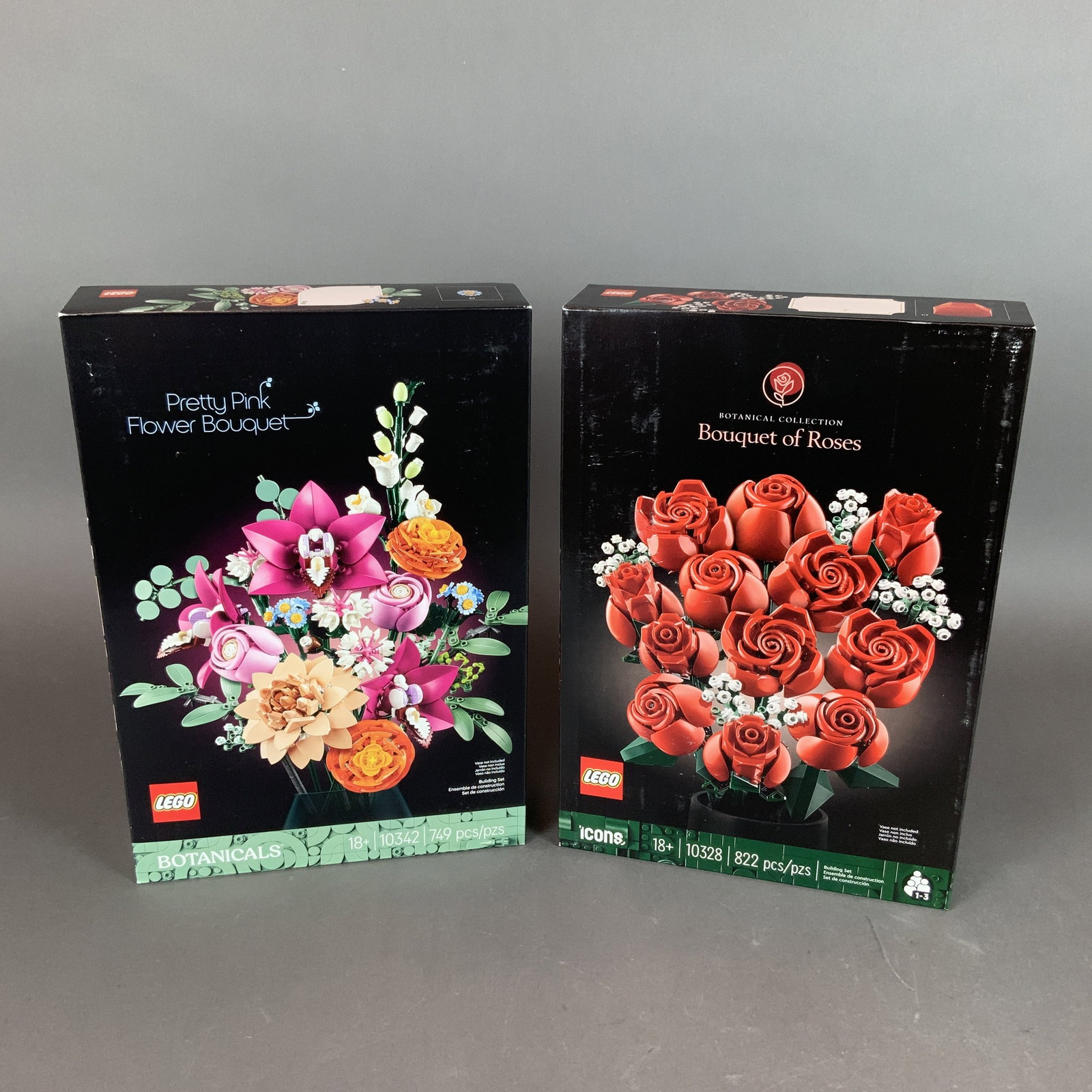 2pc LEGO Botanical Series Building Sets, Bouquet of Roses 10328 and Pretty Pink Flower Bouquet 10342: This lot features two LEGO building sets designed for adult builders as part of the Botanical series. The first set is the LEGO Icons Bouquet of Roses, reference number 10328, which consists of 822 pl