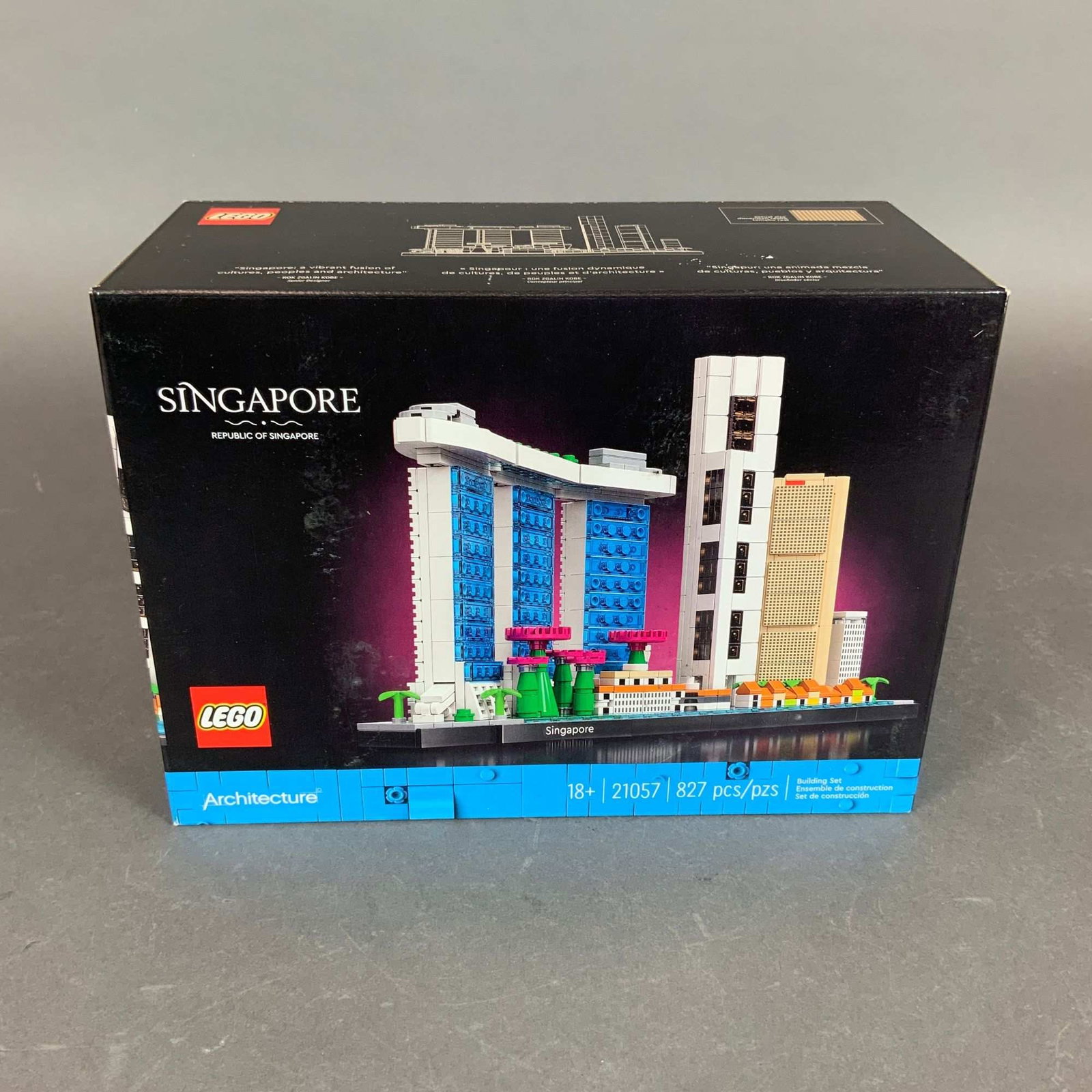 LEGO Architecture Republic of Singapore Skyline Building Set 21057: This is a LEGO Architecture series construction set featuring the Republic of Singapore skyline, model number 21057. Produced by The LEGO Group, the set consists of 827 injection-molded plastic pieces