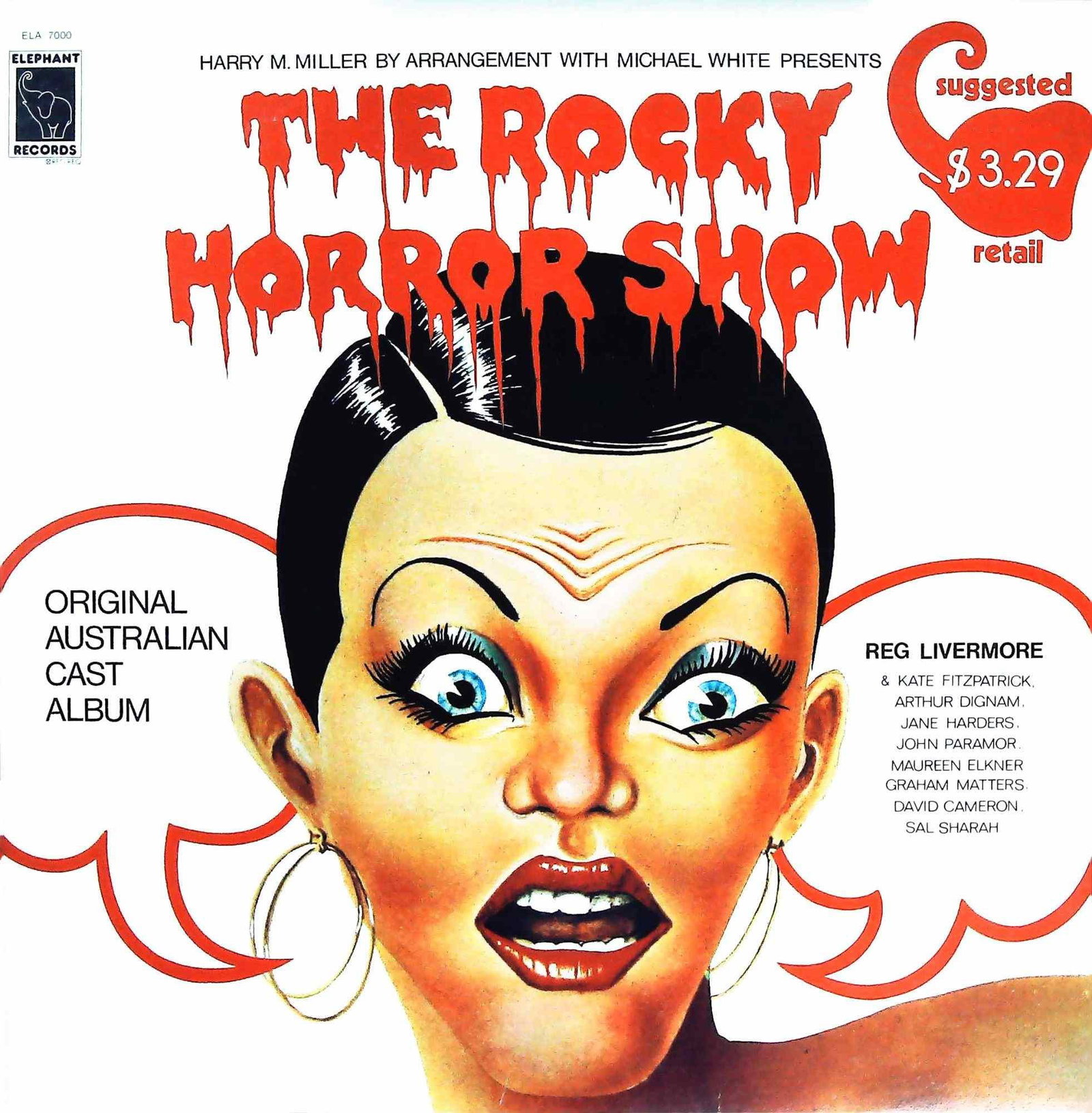 Rocky Horror Show Australian Cast 1974 Elephant LP: A 12-inch vinyl record album for "The Rocky Horror Show: Original Australian Cast Album," released by Elephant Records (ELA 7000) in 1974. The front features a vibrant, pop-art style illustration of a
